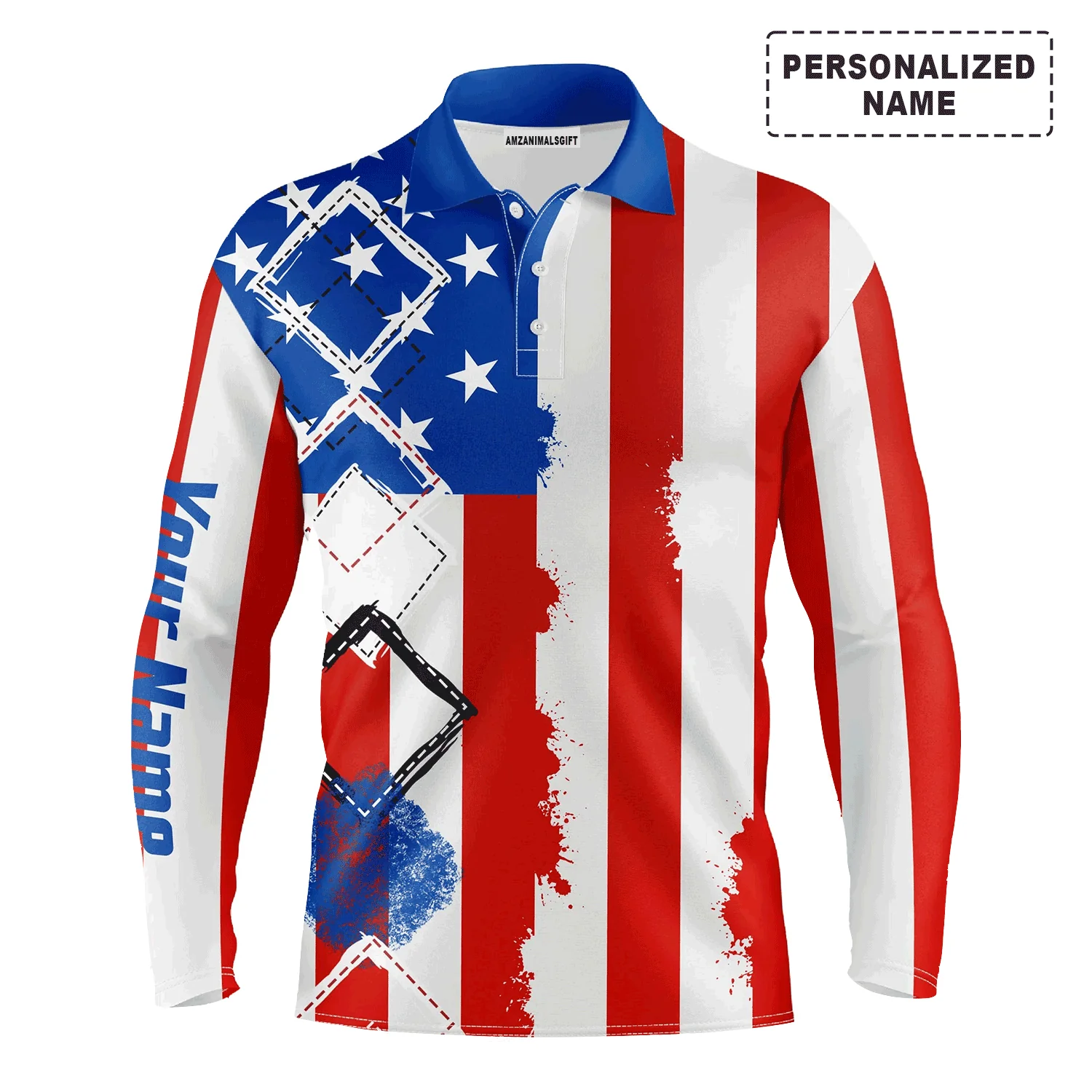 Custom Golf Long Sleeve Men Polo Shirt - American Flag Patriot Custom Name Apparel - Personalized Gift For Golf Lover, 4th July - Image 2