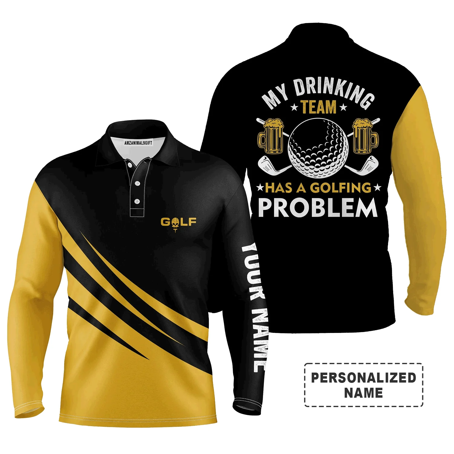 Custom Golf Long Sleeve Men Polo Shirt - Beer And Golf Men Polo Shirt, My Drinking Team Has A Golfing Problem- Perfect Polo Shirt For Men, Golf Lover - Image 2