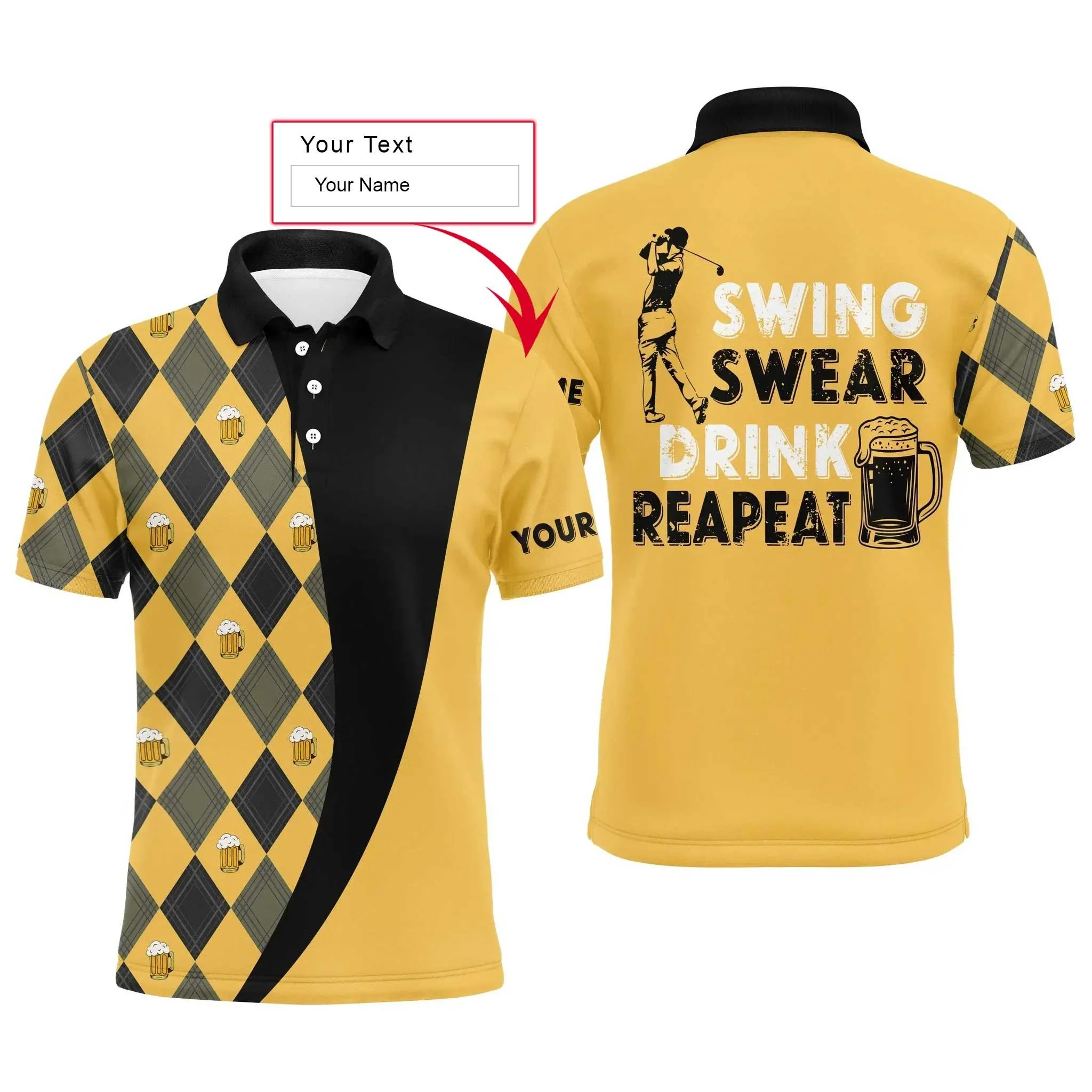 Custom Golf Long Sleeve Men Polo Shirt - Beer And Golf Men Polo Shirt, Swing Swear Drink Repeat Polo Shirt - Perfect Polo Shirt For Men, Golfers - Image 3