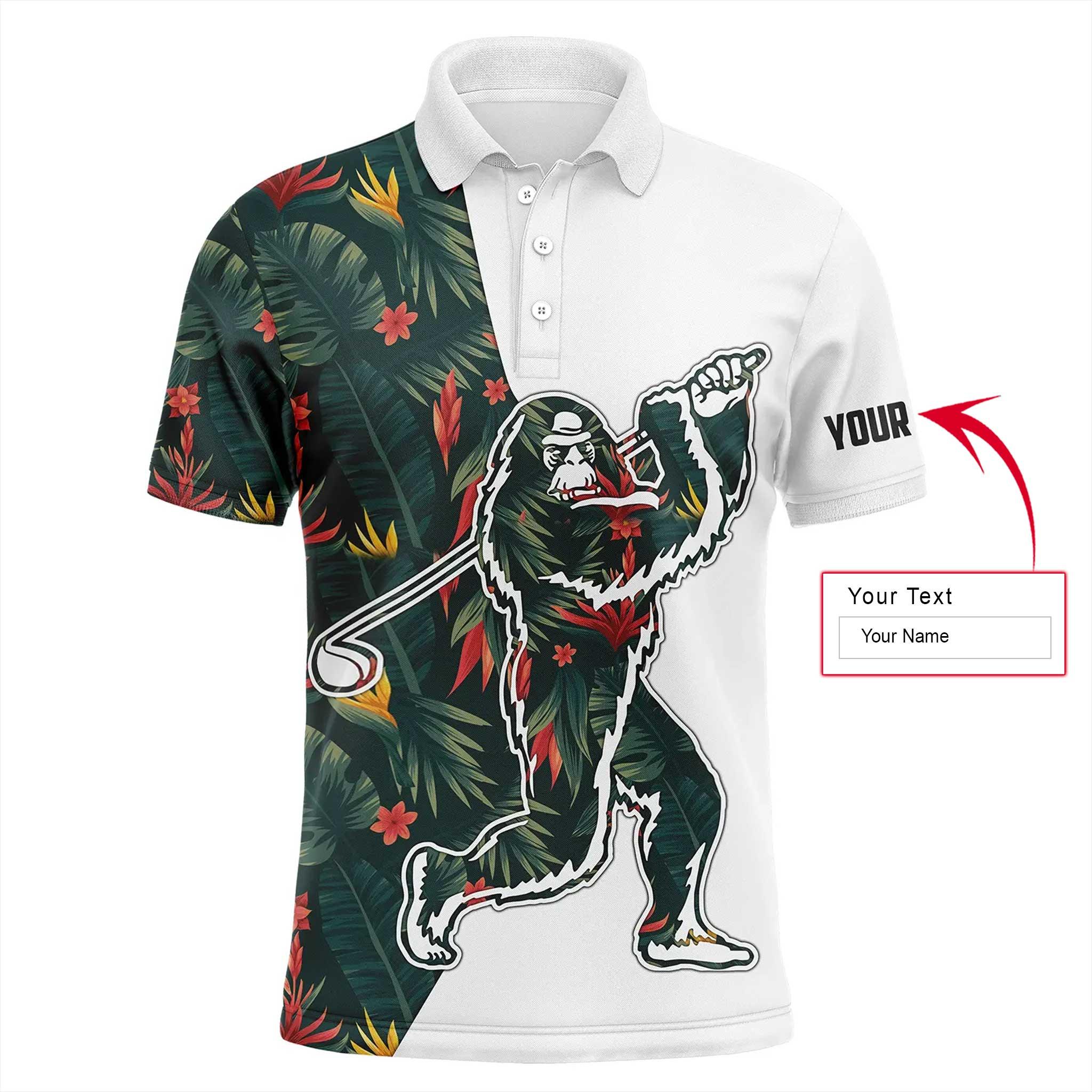 Custom Golf Long Sleeve Men Polo Shirt - Bigfoot Golf Custom Name, Funny Tropical Flowers Pattern Polo Shirt For Men, Golf Lover - Image 3