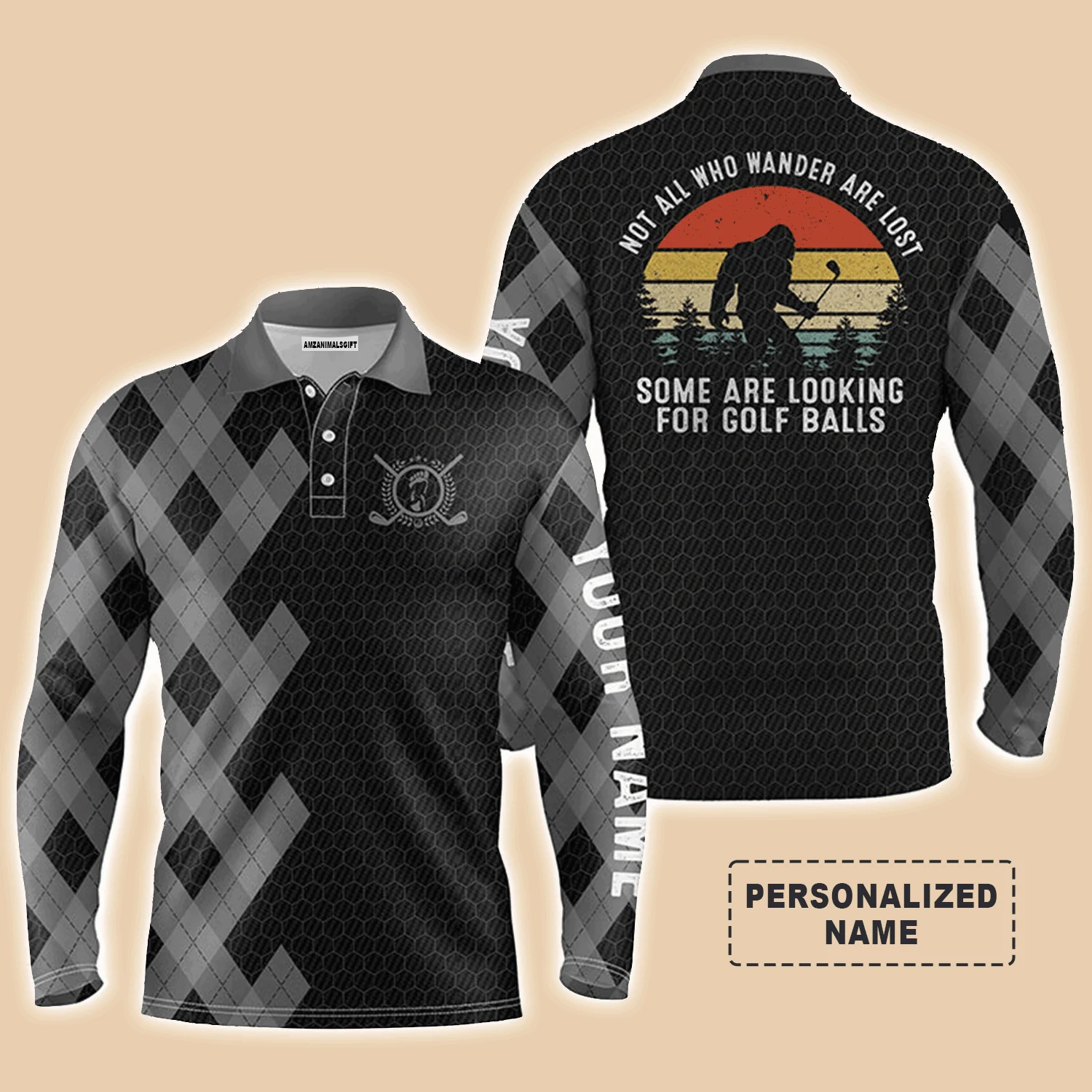 Custom Golf Long Sleeve Men Polo Shirt, Bigfoot Golf Custom Name Men Polo Shirt,Not All Who Wander Are Lost Men Polo Shirt For Golf Lover