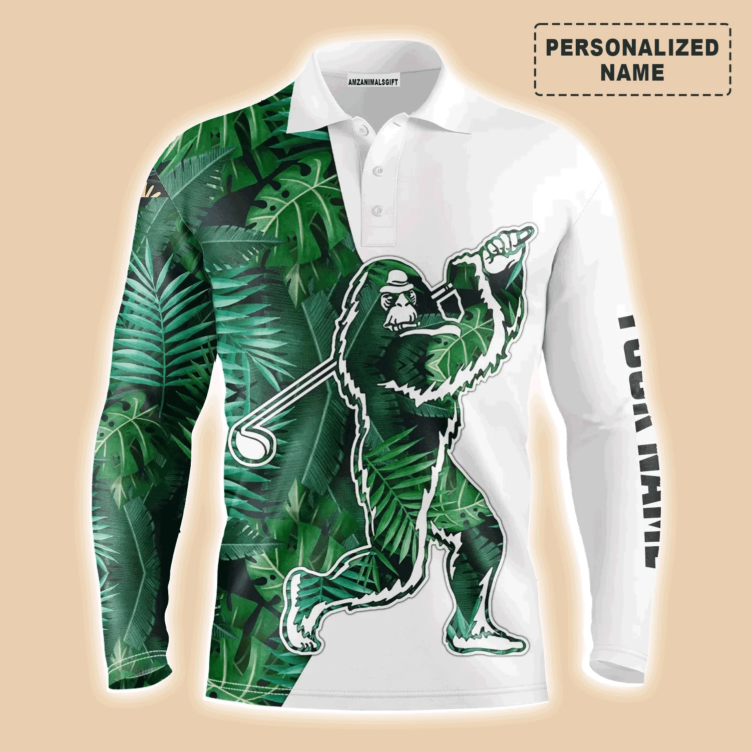 Custom Golf Long Sleeve Men Polo Shirt, Bigfoot, Tropical Green Leaves Pattern Sasquatch Playing Golf Polo Shirt For Men-Gift For Golfers, Golf Lovers - Image 2