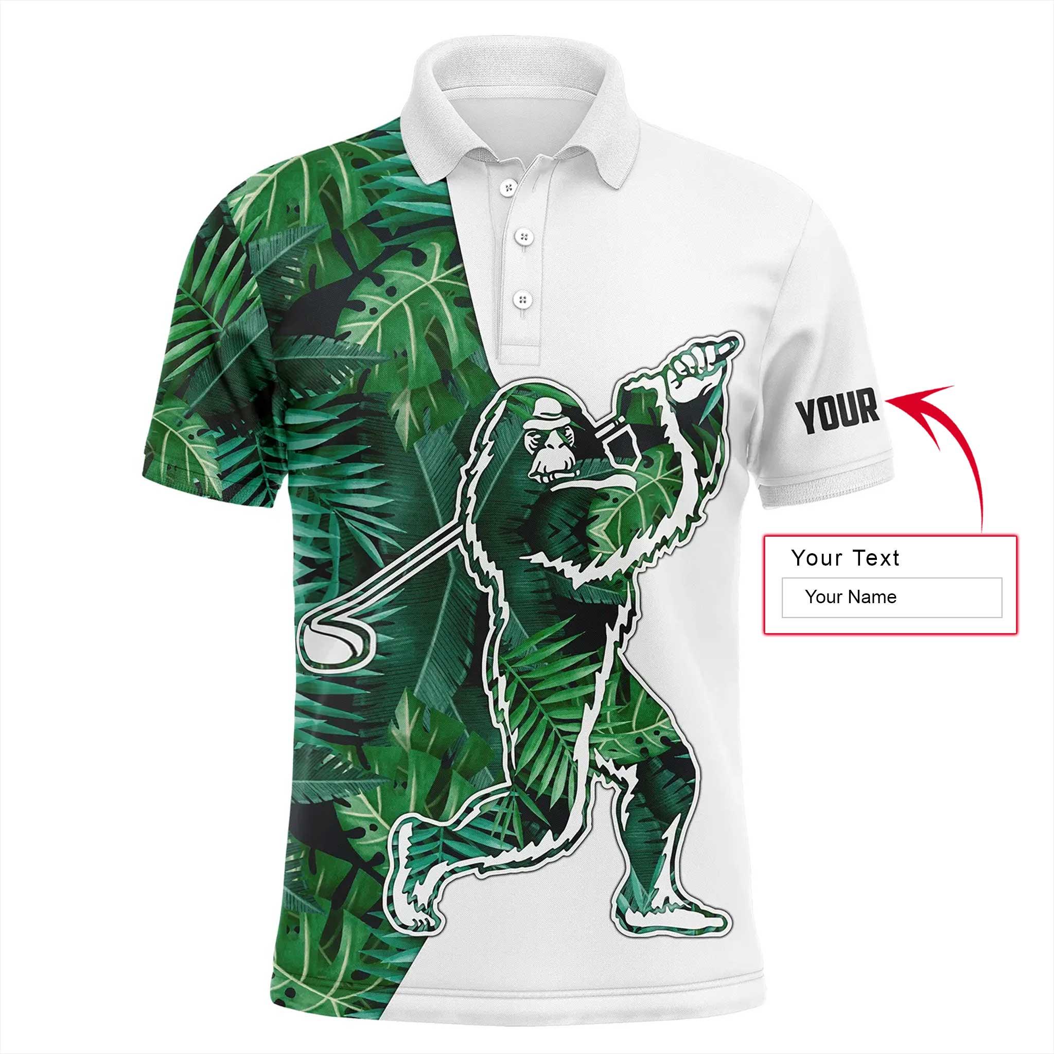 Custom Golf Long Sleeve Men Polo Shirt, Bigfoot, Tropical Green Leaves Pattern Sasquatch Playing Golf Polo Shirt For Men-Gift For Golfers, Golf Lovers - Image 3
