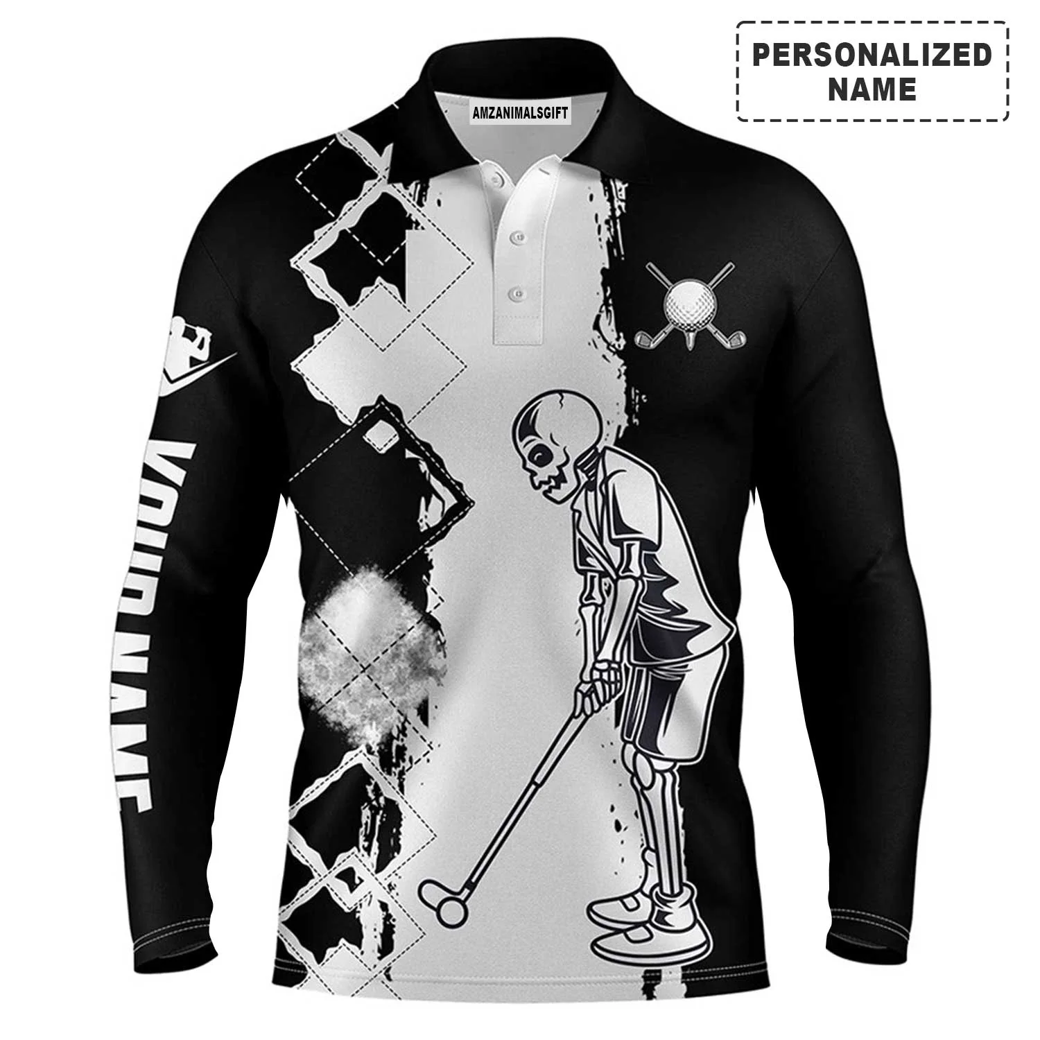 Custom Golf Long Sleeve Men Polo Shirt - Black And White Mens Skull Golfing Custom Name Apparel - Personalized Gift For Golf Lover, Team, Golfer - Image 2
