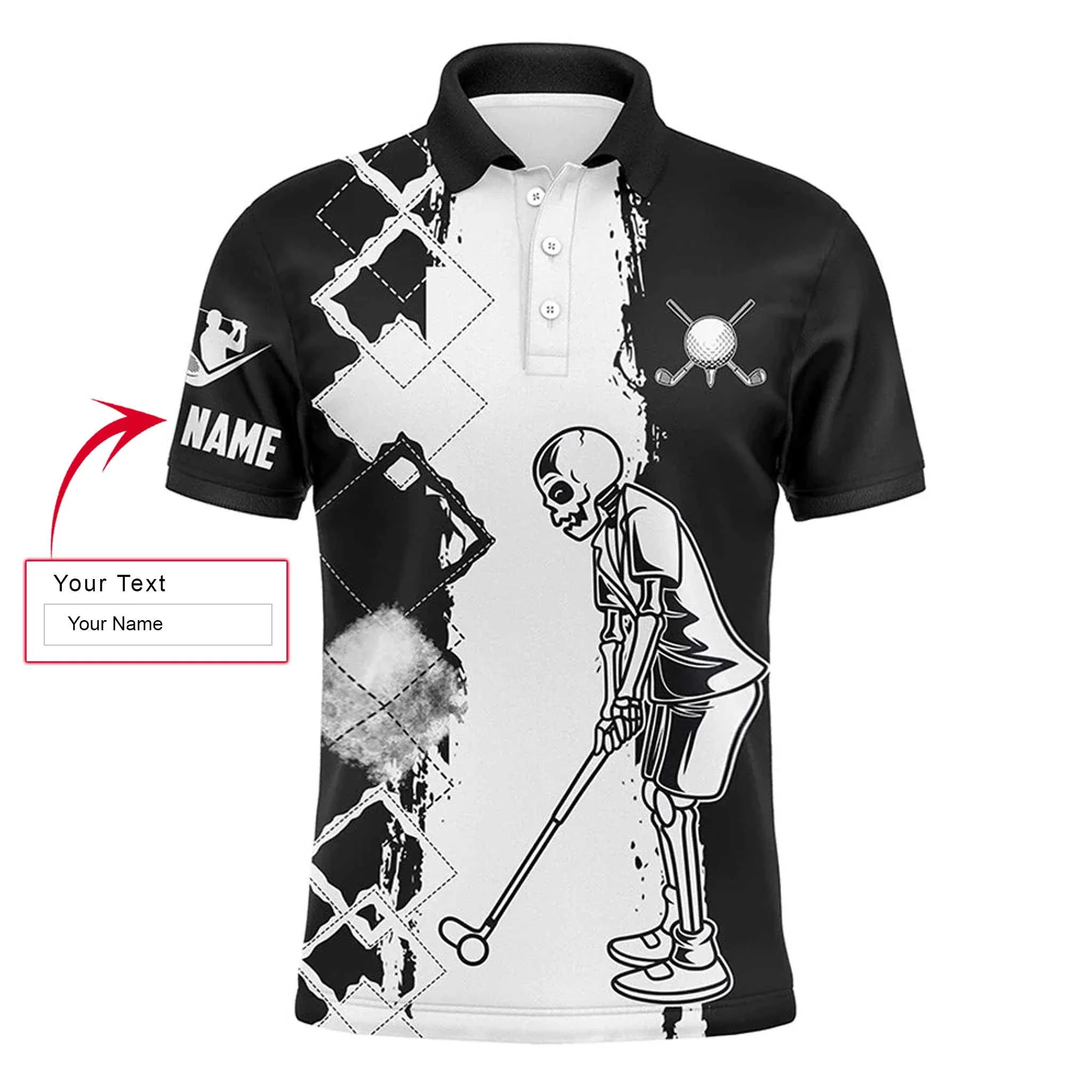 Custom Golf Long Sleeve Men Polo Shirt - Black And White Mens Skull Golfing Custom Name Apparel - Personalized Gift For Golf Lover, Team, Golfer - Image 3