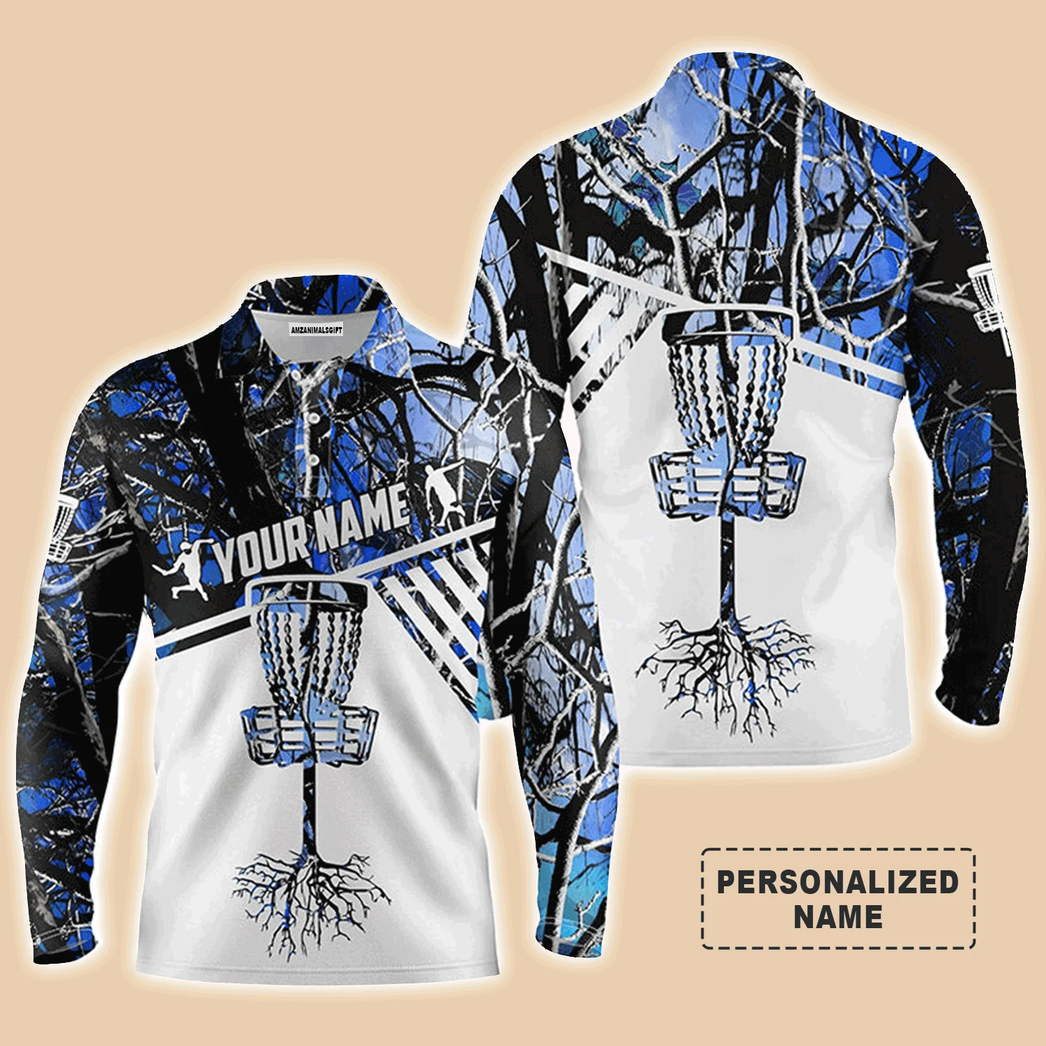 Custom Golf Long Sleeve Men Polo Shirt-Blue Camo Custom Name Disc Golf Basket Apparel-Personalized Sports Gift For men, Golf Lover