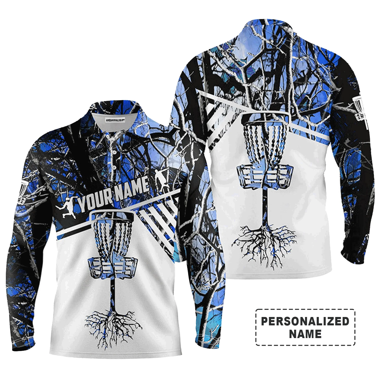 Custom Golf Long Sleeve Men Polo Shirt-Blue Camo Custom Name Disc Golf Basket Apparel-Personalized Sports Gift For men, Golf Lover - Image 2