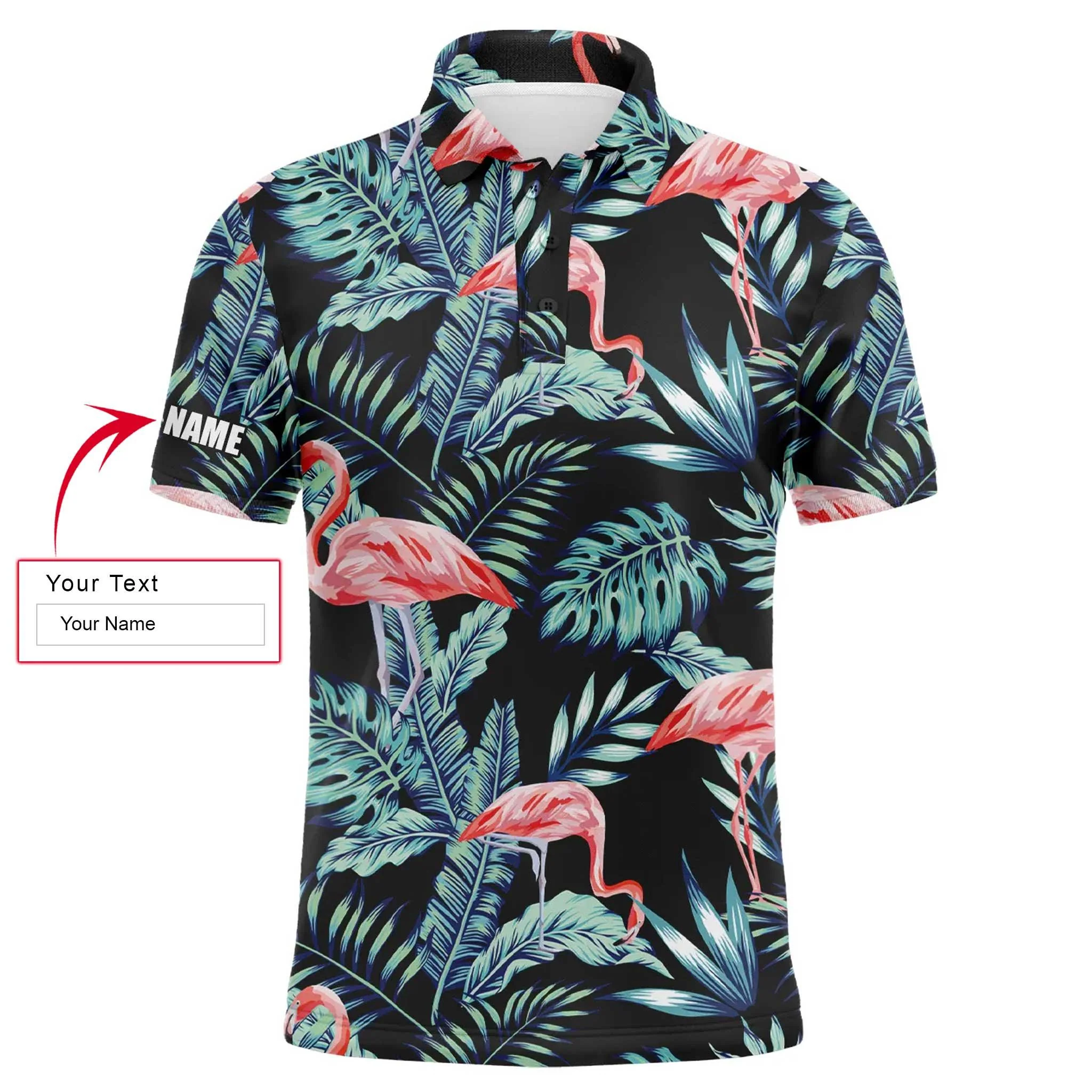 Custom Golf Long Sleeve Men Polo Shirt - Blue Forest Jungle Pattern Pink Flamingo Custom Name Apparel Men Polo Shirt - Perfect Polo Shirt For Men - Image 3