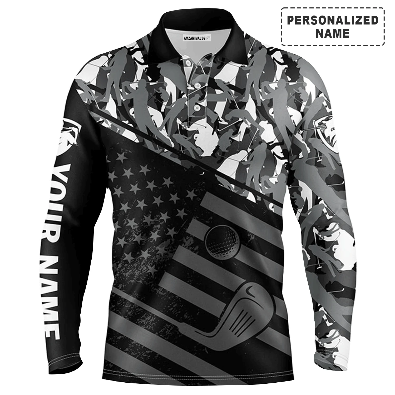 Custom Golf Long Sleeve Men Polo Shirt, Camo Polo Custom Name, Black American Flag Patriotic Apparel - Perfect Gift For Men, Golf Lovers - Image 9