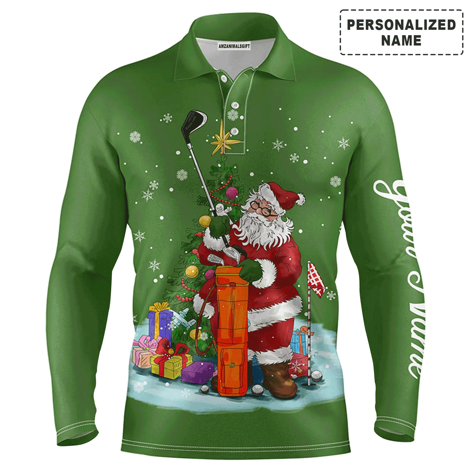 Custom Golf Long Sleeve Men Polo Shirt - Christmas Custom Name, Santa Golfer Apparel - Personalized Gift For Men, Golf Lover - Image 2