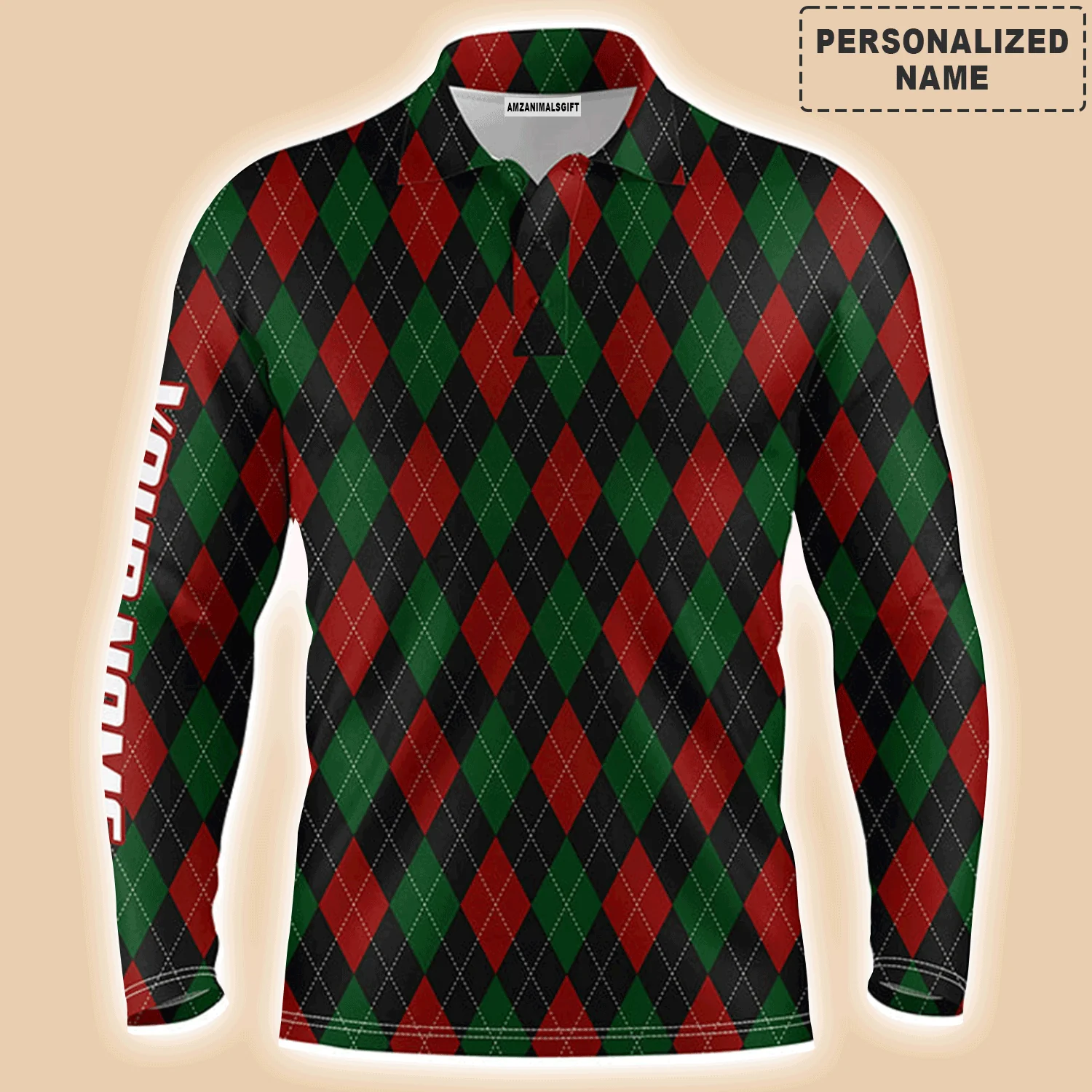 Custom Golf Long Sleeve Men Polo Shirt - Christmas Plaid Argyle Pattern Custom Name Apparel - Personalized Gift For Men, Golf Lover