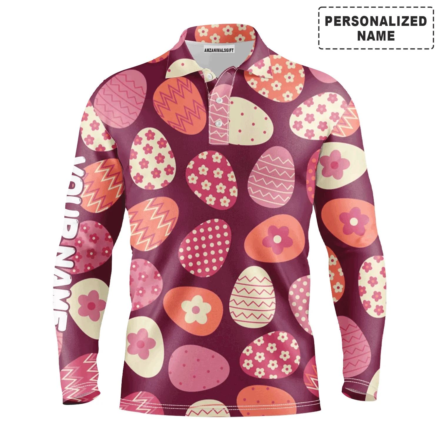 Custom Golf Long Sleeve Men Polo Shirt - Colorful Easter Eggs Pattern Custom Name Golf Men Polo Shirt - Perfect Polo Shirt For Men - Image 2