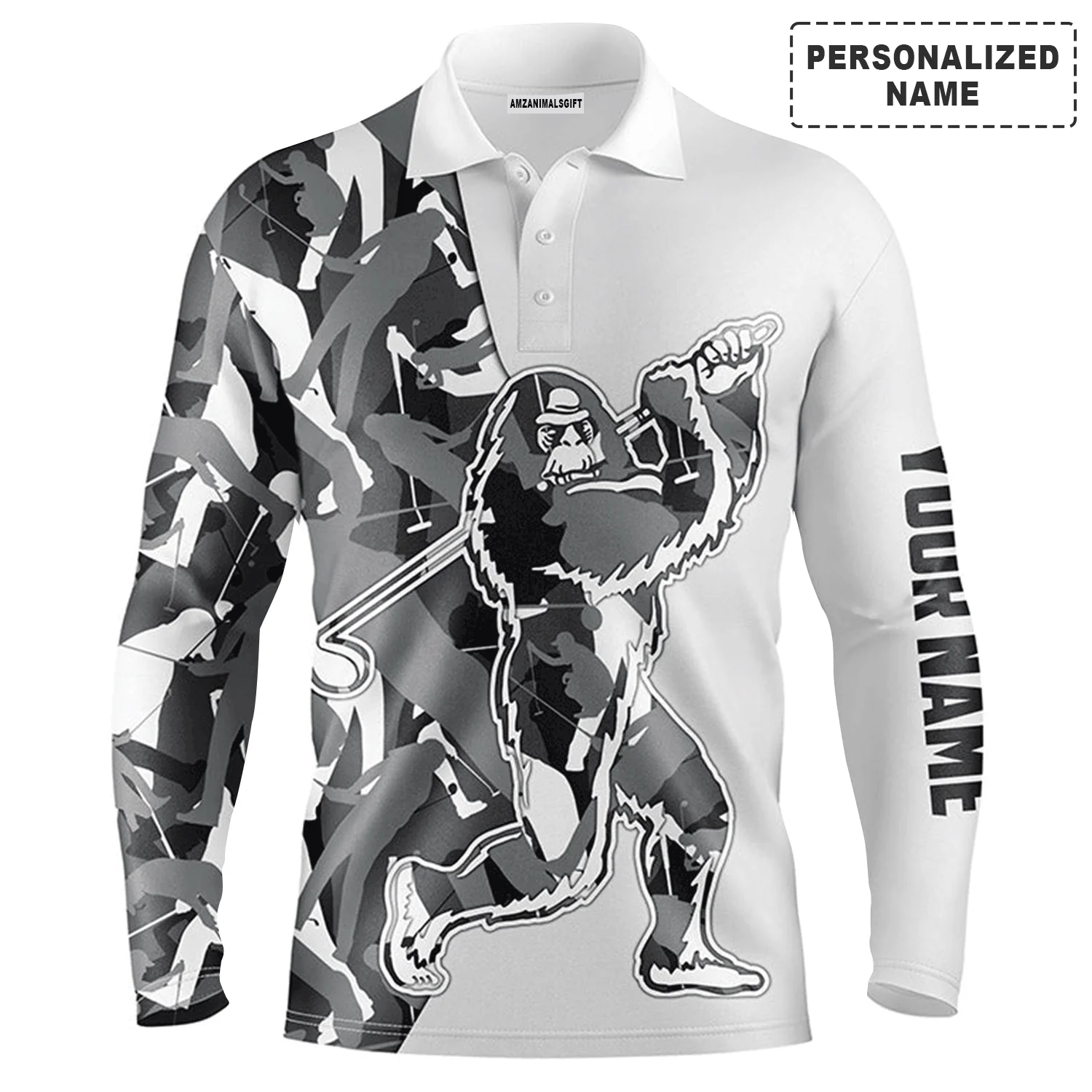 Custom Golf Long Sleeve Men Polo Shirt-Custom Gray Camo Pattern Sasquatch Playing Golf Apparel Men Polo Shirt For Men, Golf Lover - Image 2