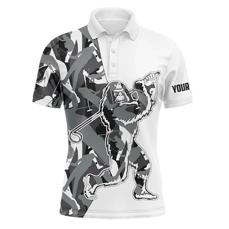 Custom Golf Long Sleeve Men Polo Shirt-Custom Gray Camo Pattern Sasquatch Playing Golf Apparel Men Polo Shirt For Men, Golf Lover - Image 3