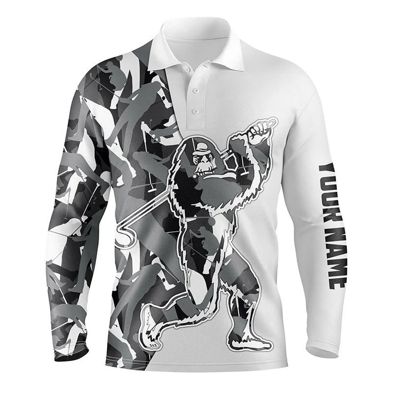 Custom Golf Long Sleeve Men Polo Shirt-Custom Gray Camo Pattern Sasquatch Playing Golf Apparel Men Polo Shirt For Men, Golf Lover - Image 4