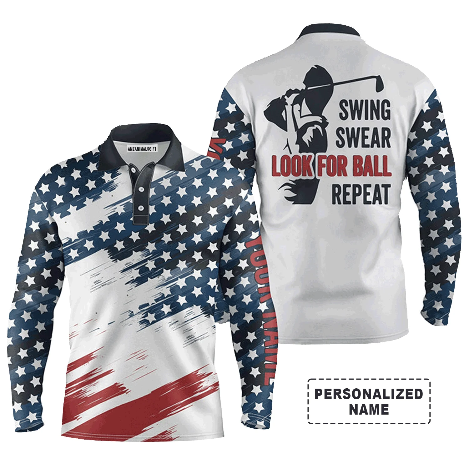 Custom Golf Long Sleeve Men Polo Shirt - Custom Name American Flag Apparel - Swing Swear Look For Ball Repeat Polo SHirt - Personalized Gift For Men - Image 2