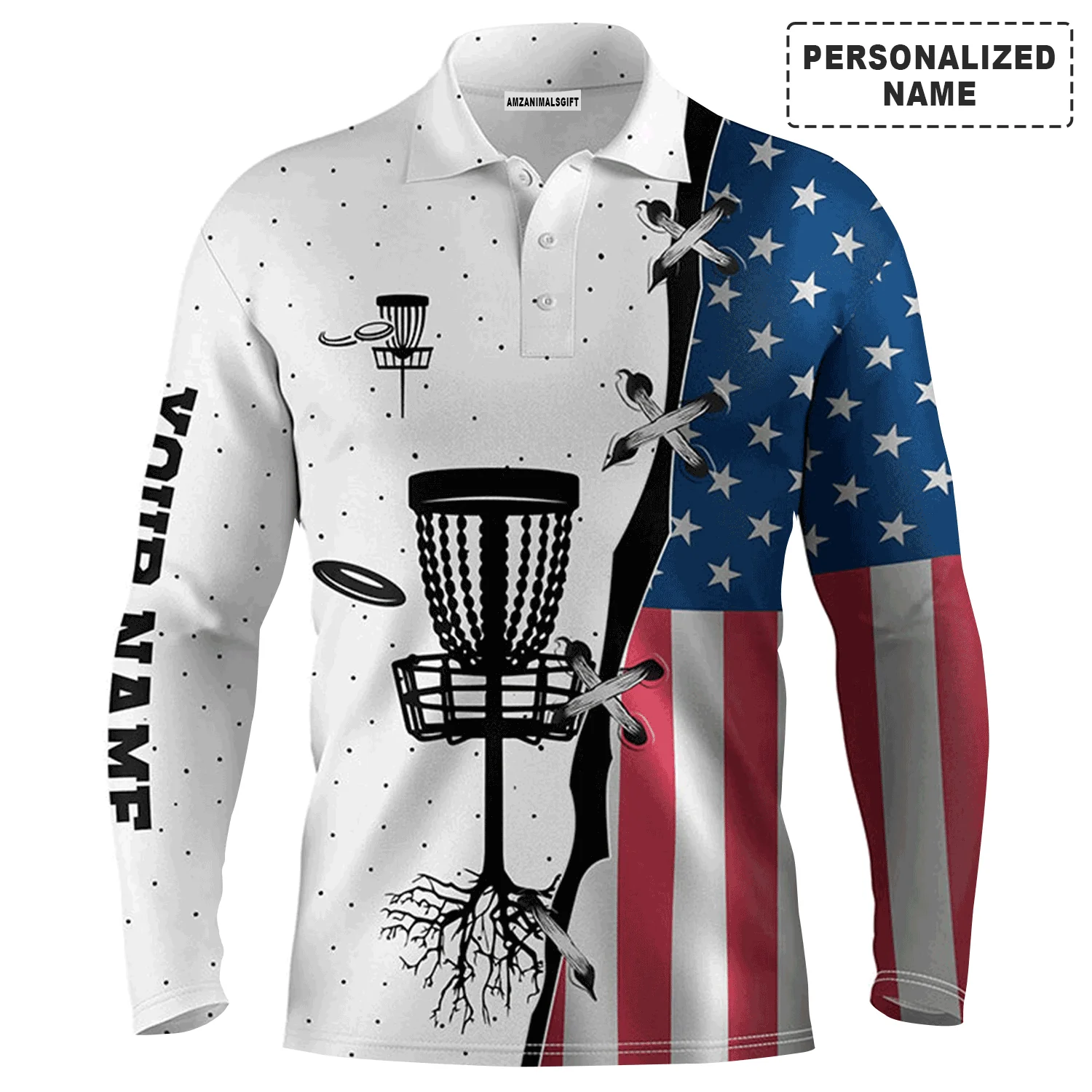 Custom Golf Long Sleeve Men Polo Shirt, Custom Name American Flag Disc Golf Team Apparel - Perfect Gift For Men, Golf Lovers - Image 2