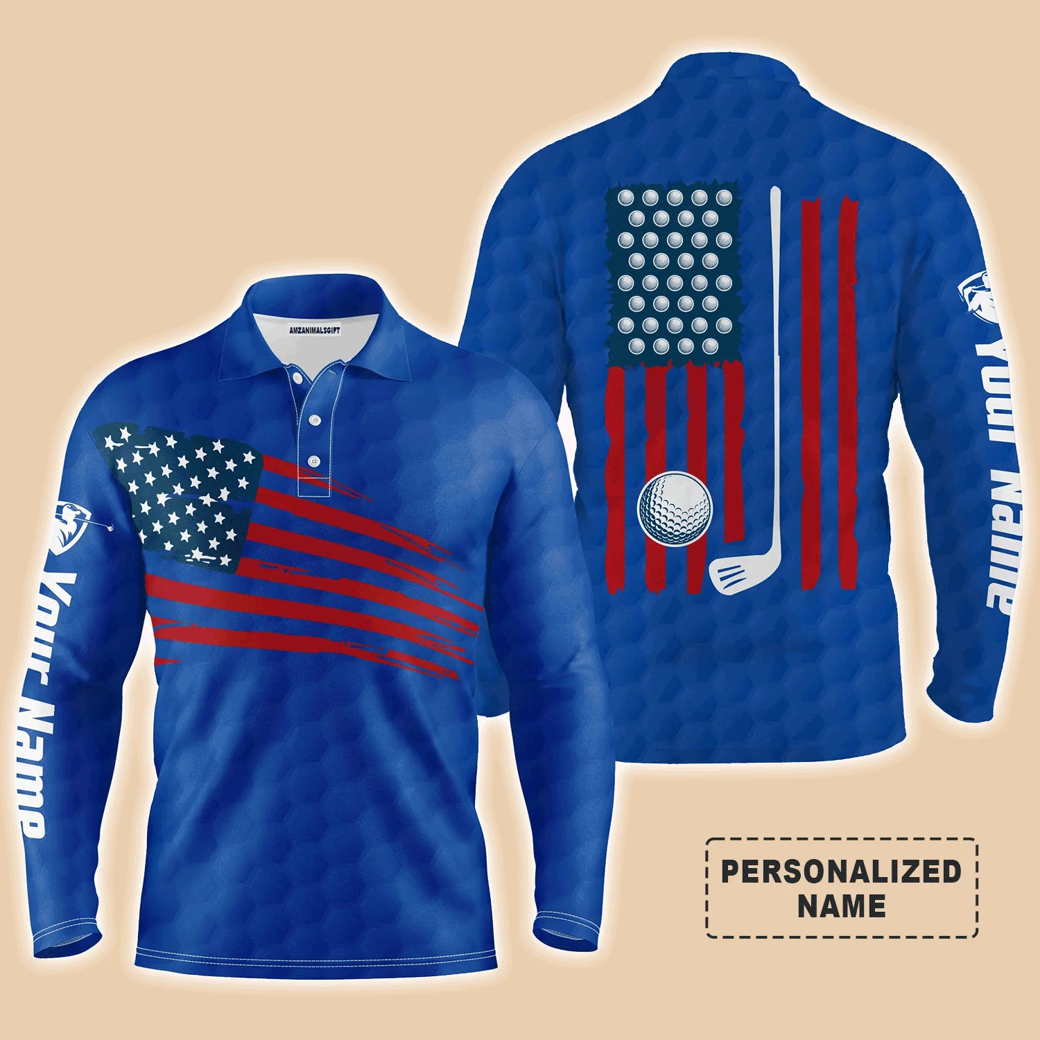 Custom Golf Long Sleeve Men Polo Shirt - Custom Name American Flag Multicolor Apparel - Personalized Gift For Men, Golf Lover - Image 3