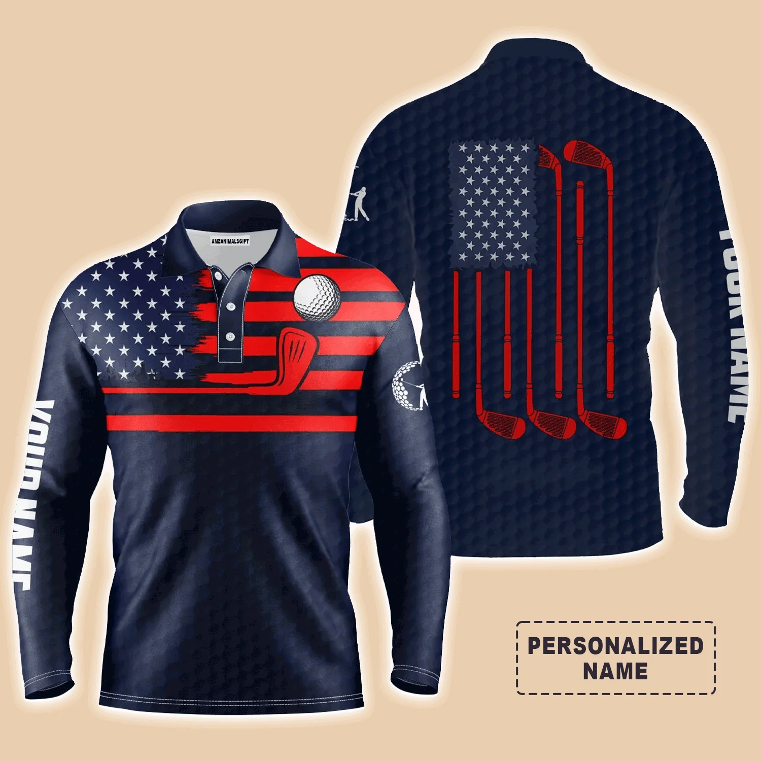 Custom Golf Long Sleeve Men Polo Shirt - Custom Name American Flag Patriotic Apparel, Perfect Gift For Men, Golf Lover - Image 2
