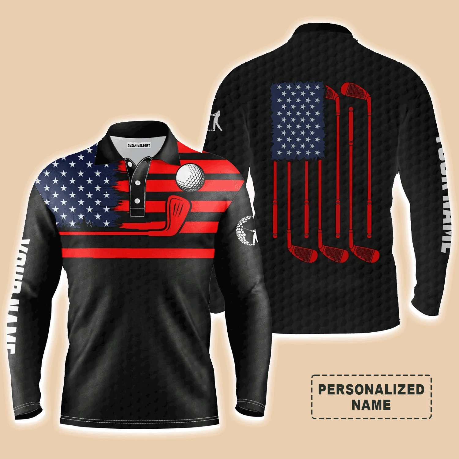 Custom Golf Long Sleeve Men Polo Shirt - Custom Name American Flag Patriotic Apparel, Perfect Gift For Men, Golf Lover - Image 3