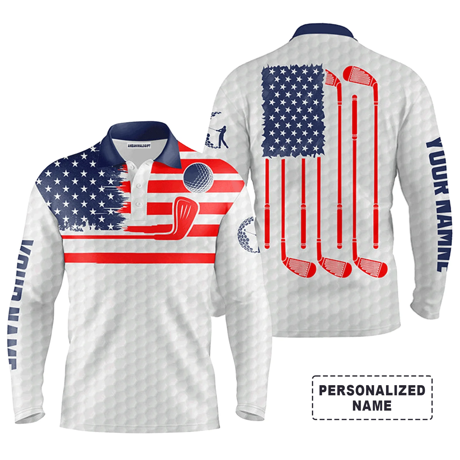 Custom Golf Long Sleeve Men Polo Shirt - Custom Name American Flag Patriotic Apparel, Perfect Gift For Men, Golf Lover - Image 7