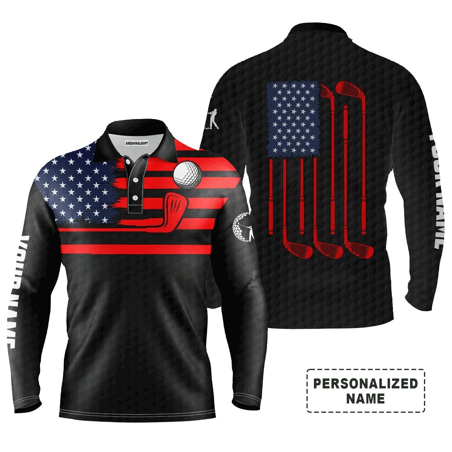 Custom Golf Long Sleeve Men Polo Shirt - Custom Name American Flag Patriotic Apparel, Perfect Gift For Men, Golf Lover - Image 9