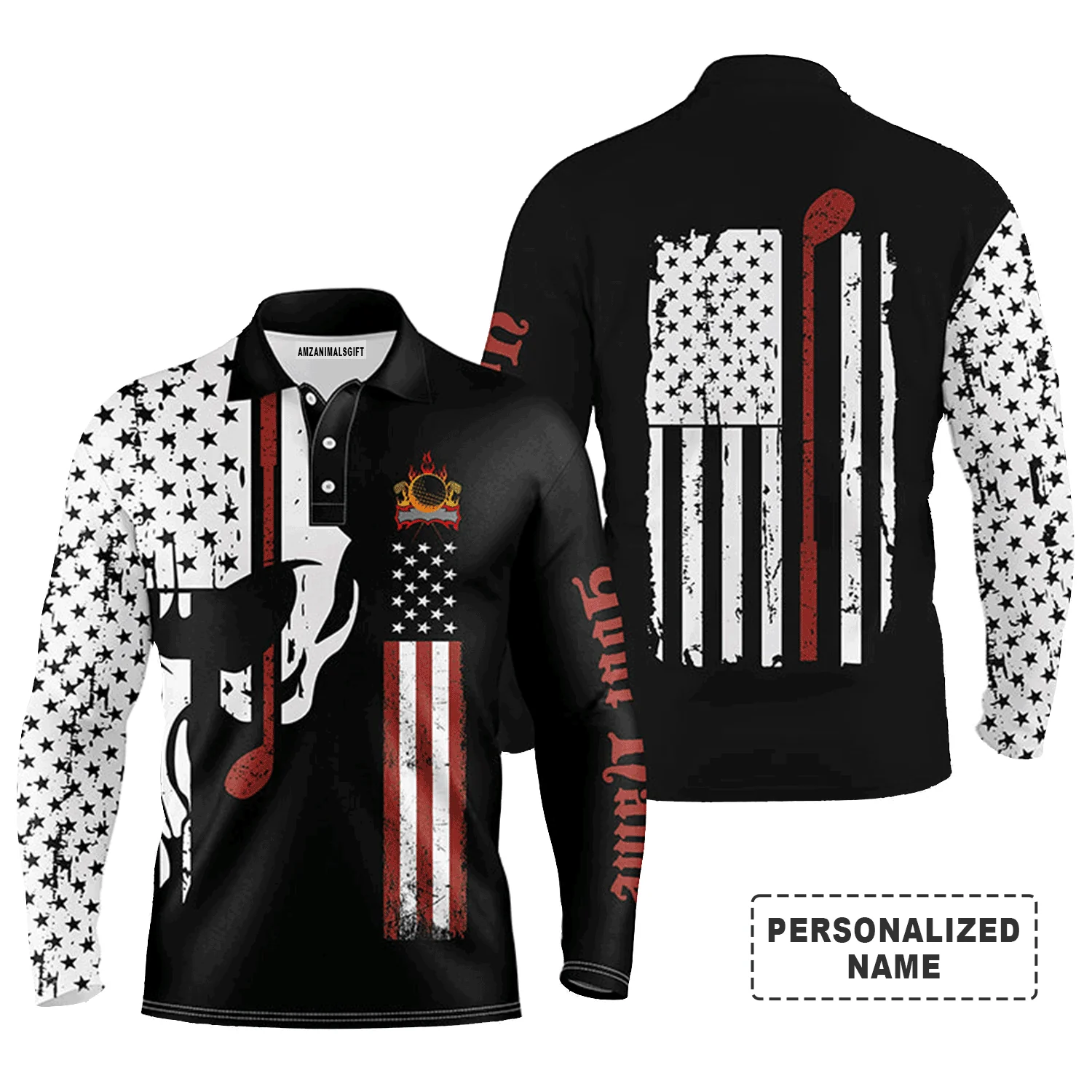Custom Golf Long Sleeve Men Polo Shirt - Custom Name American Flag Skull Apparel - Personalized Gift For Men, Golf Lover, Team, Husband, 4th July - Image 2