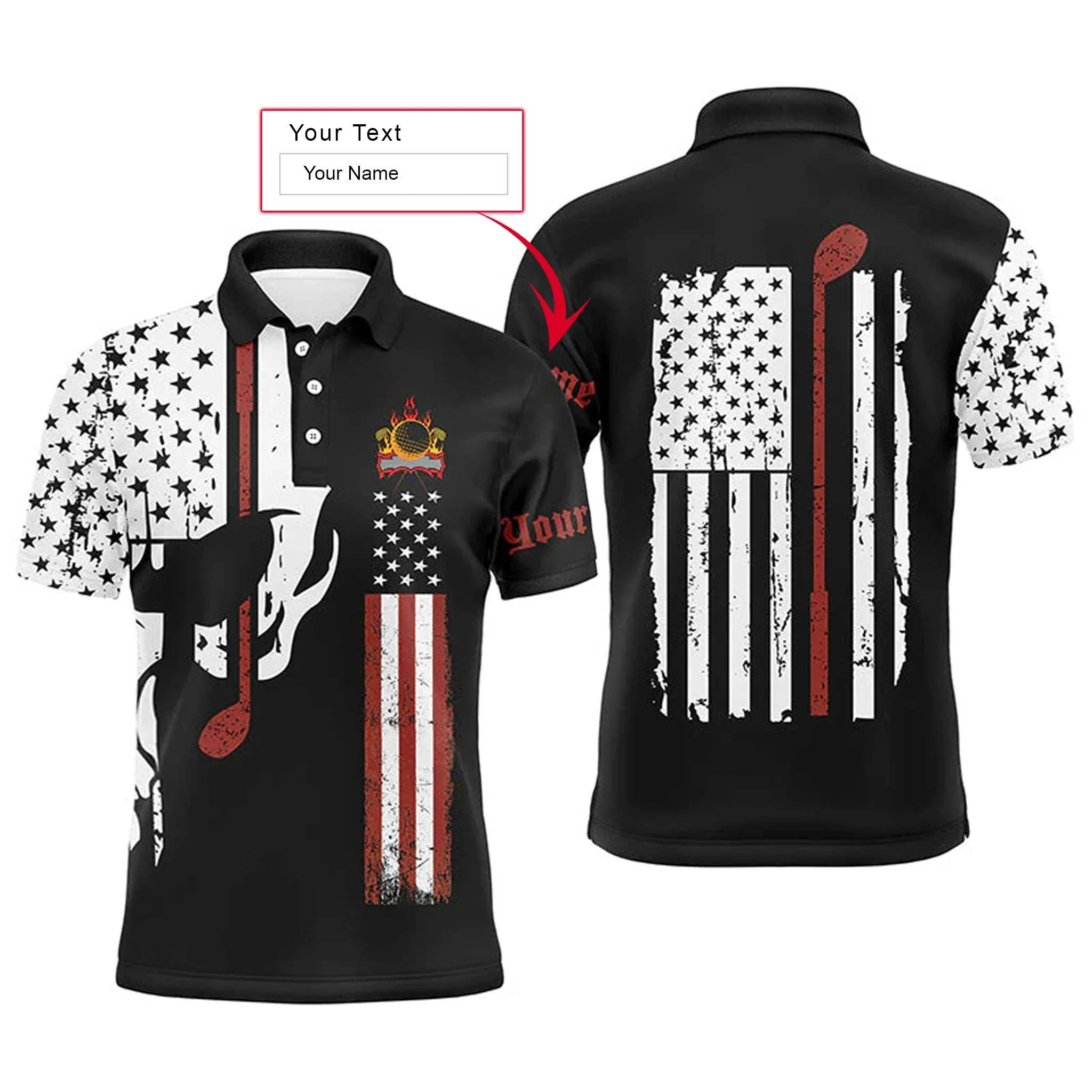 Custom Golf Long Sleeve Men Polo Shirt - Custom Name American Flag Skull Apparel - Personalized Gift For Men, Golf Lover, Team, Husband, 4th July - Image 3