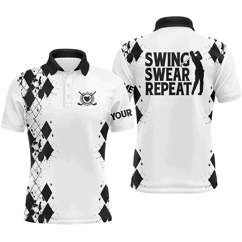 Custom Golf Long Sleeve Men Polo Shirt- Custom Name Argyle Black White Swing Swear Repeat Apparel-Perfect Gift For Men, Golf Lover - Image 3