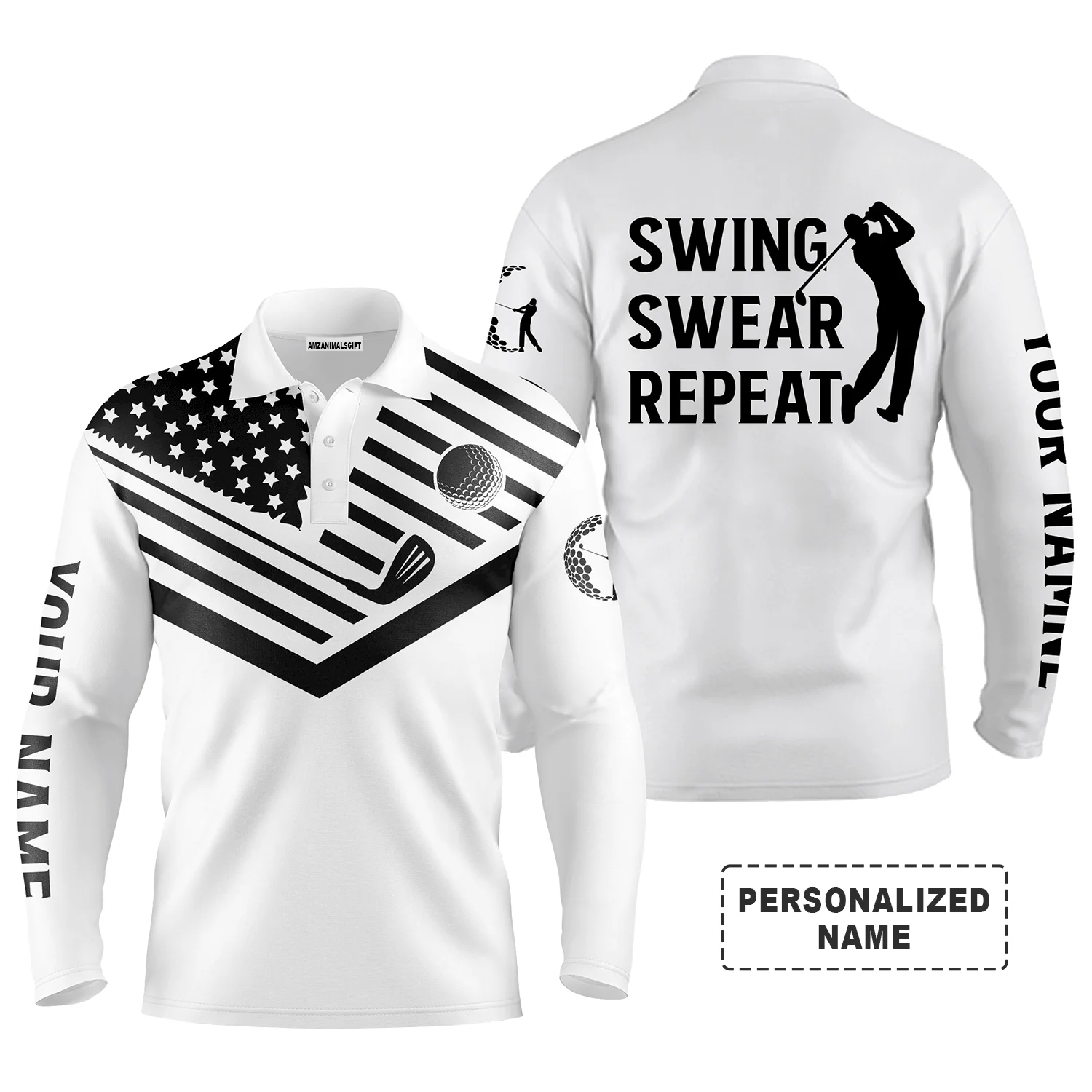 Custom Golf Long Sleeve Men Polo Shirt - Custom Name Black American Flag 4th July Apparel, Swing Swear Repeat Men Golf Polo Shirt For Golf Lover - Image 2