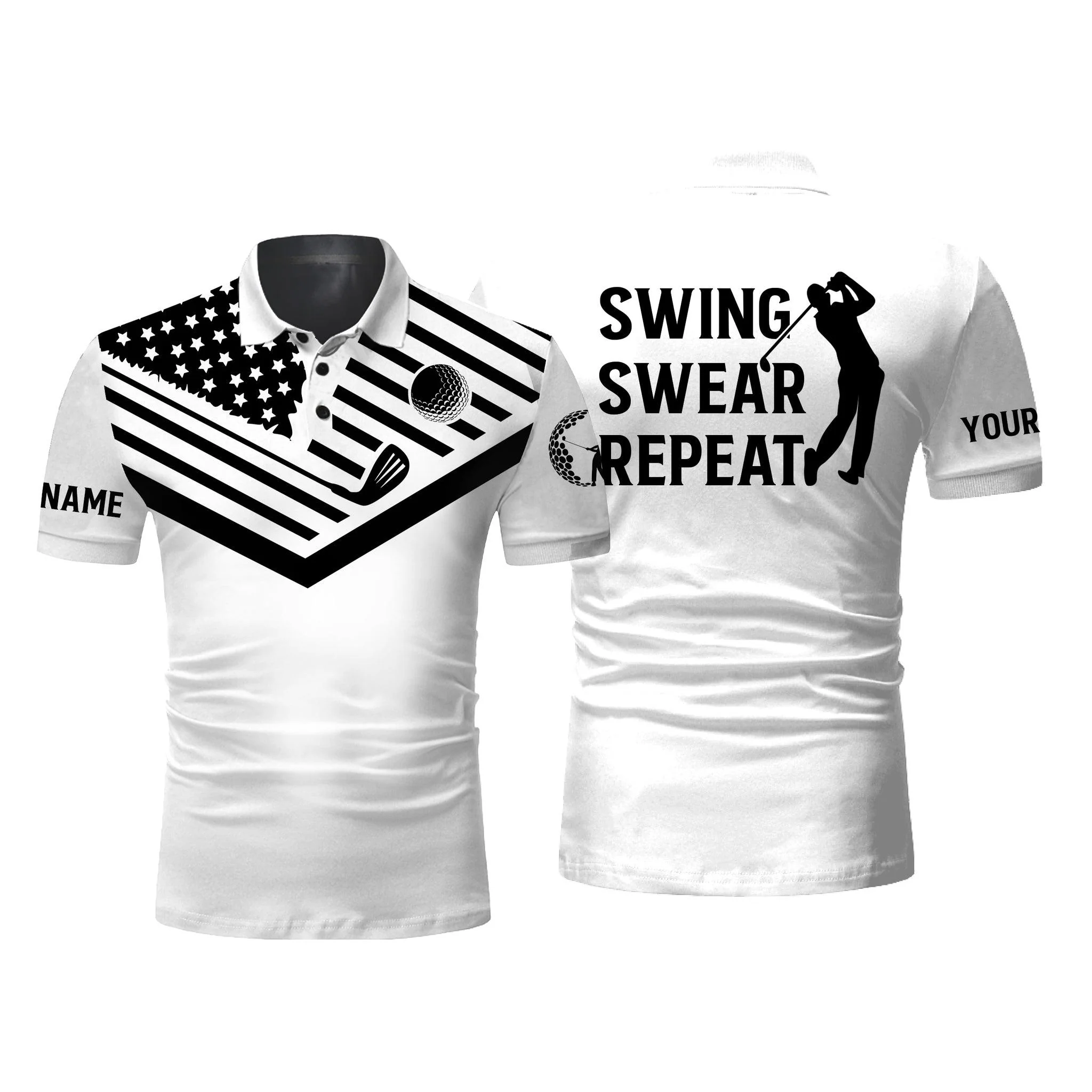 Custom Golf Long Sleeve Men Polo Shirt - Custom Name Black American Flag 4th July Apparel, Swing Swear Repeat Men Golf Polo Shirt For Golf Lover - Image 3