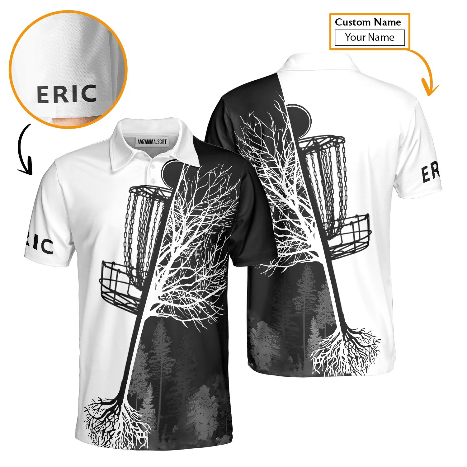 Custom Golf Long Sleeve Men Polo Shirt, Custom Name Black And White Disc Golf Basket Apparel - Perfect Gift For Men, Golf Lovers - Image 4