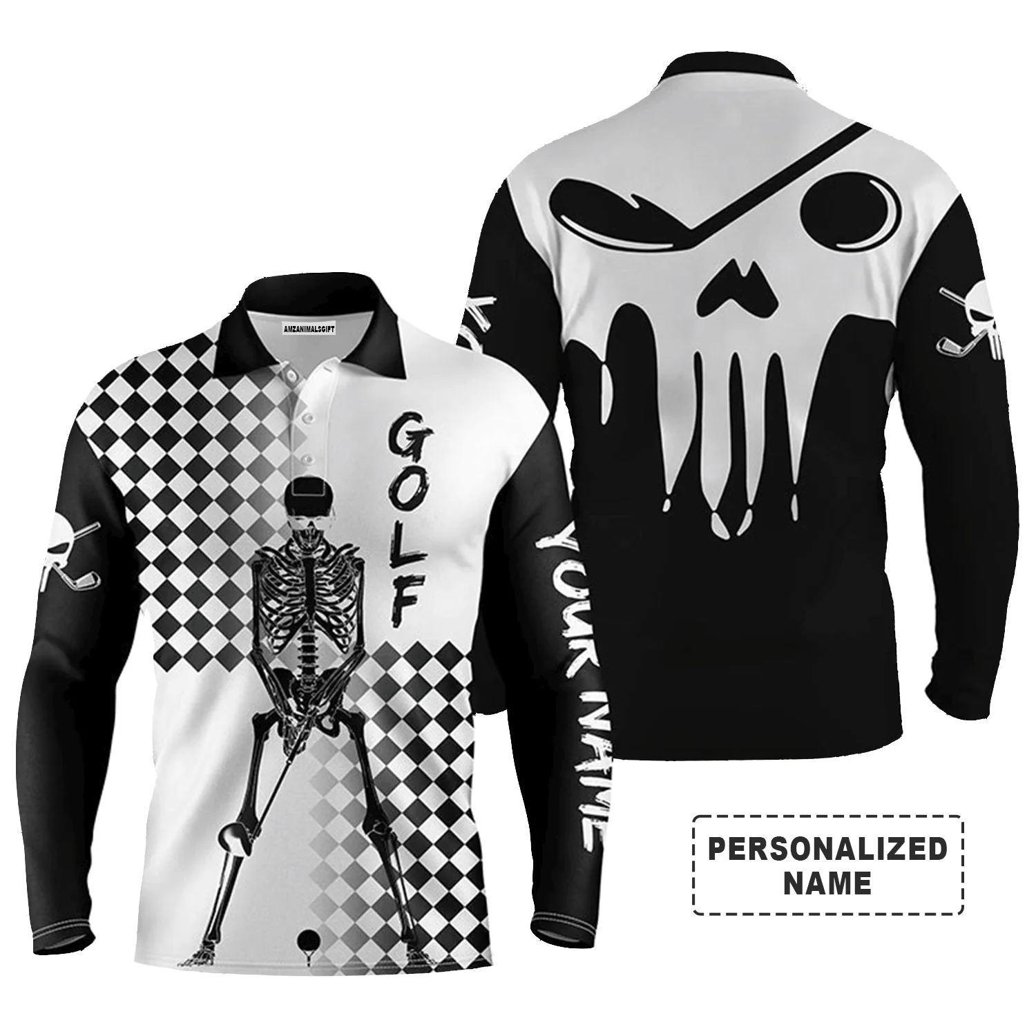 Custom Golf Long Sleeve Men Polo Shirt- Custom Name Black And White Skull Apparel - Personalized Gift For Men, Golf Lover - Image 2