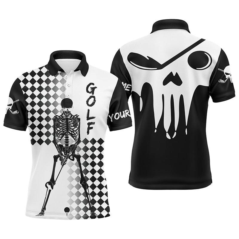Custom Golf Long Sleeve Men Polo Shirt- Custom Name Black And White Skull Apparel - Personalized Gift For Men, Golf Lover - Image 3