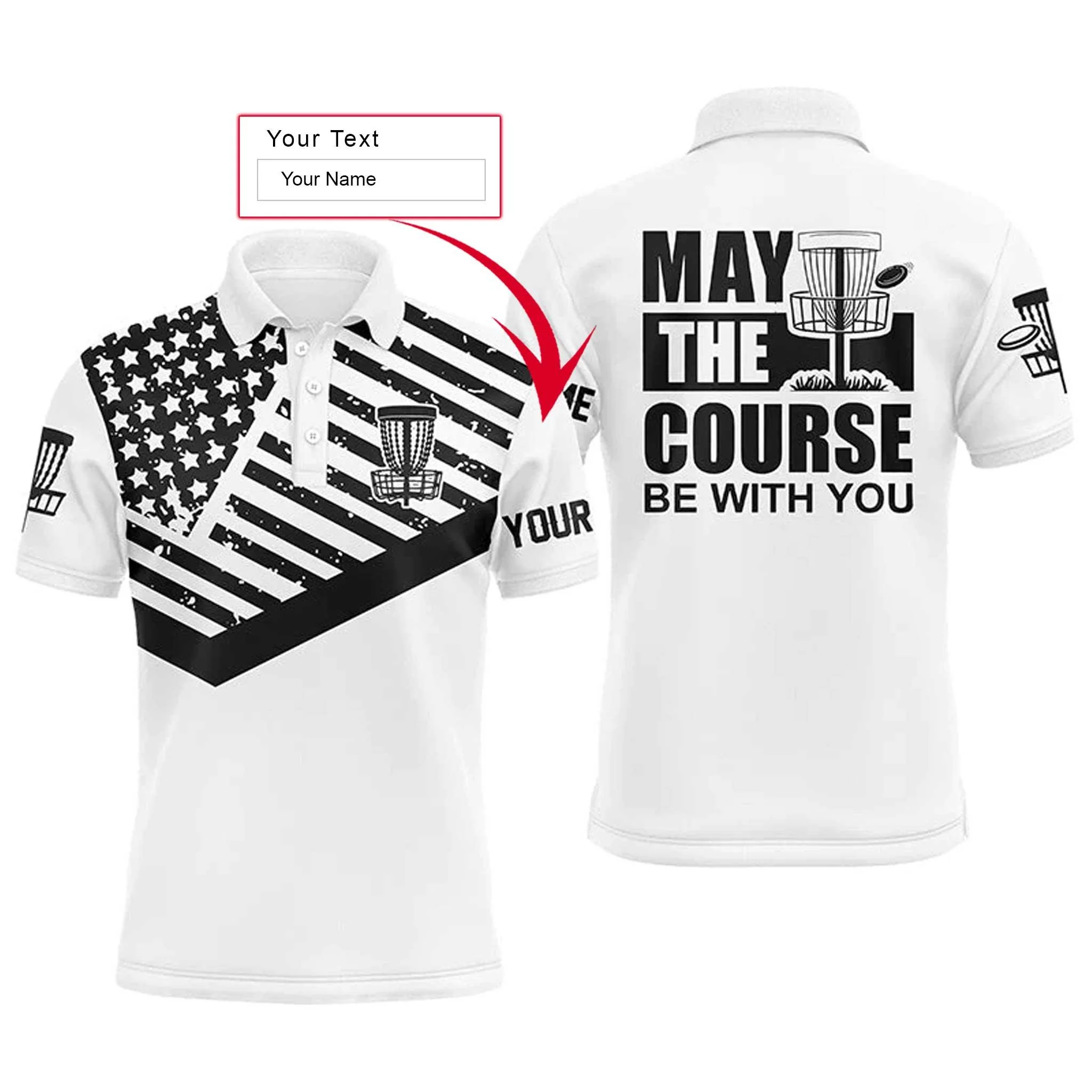 Custom Golf Long Sleeve Men Polo Shirt- Custom Name Black White US Flag Apparel, May The Course Be With You Men Polo Shirt -Perfect Polo Shirt For Men - Image 3