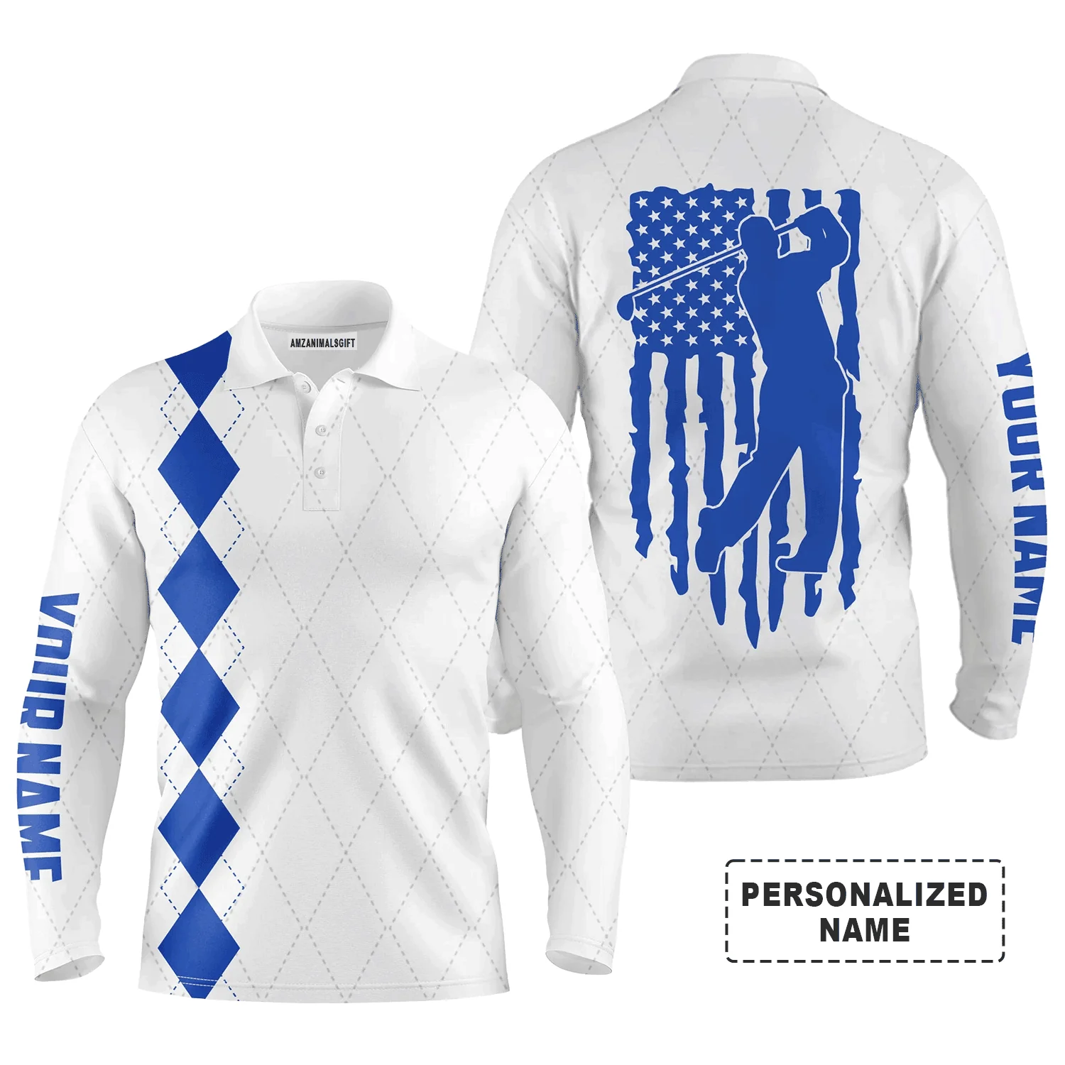 Custom Golf Long Sleeve Men Polo Shirt - Custom Name Blue American Flag Apparel - Personalized Gift For Golf Lover, Team, Husband, Boyfriend, 4th July - Image 2