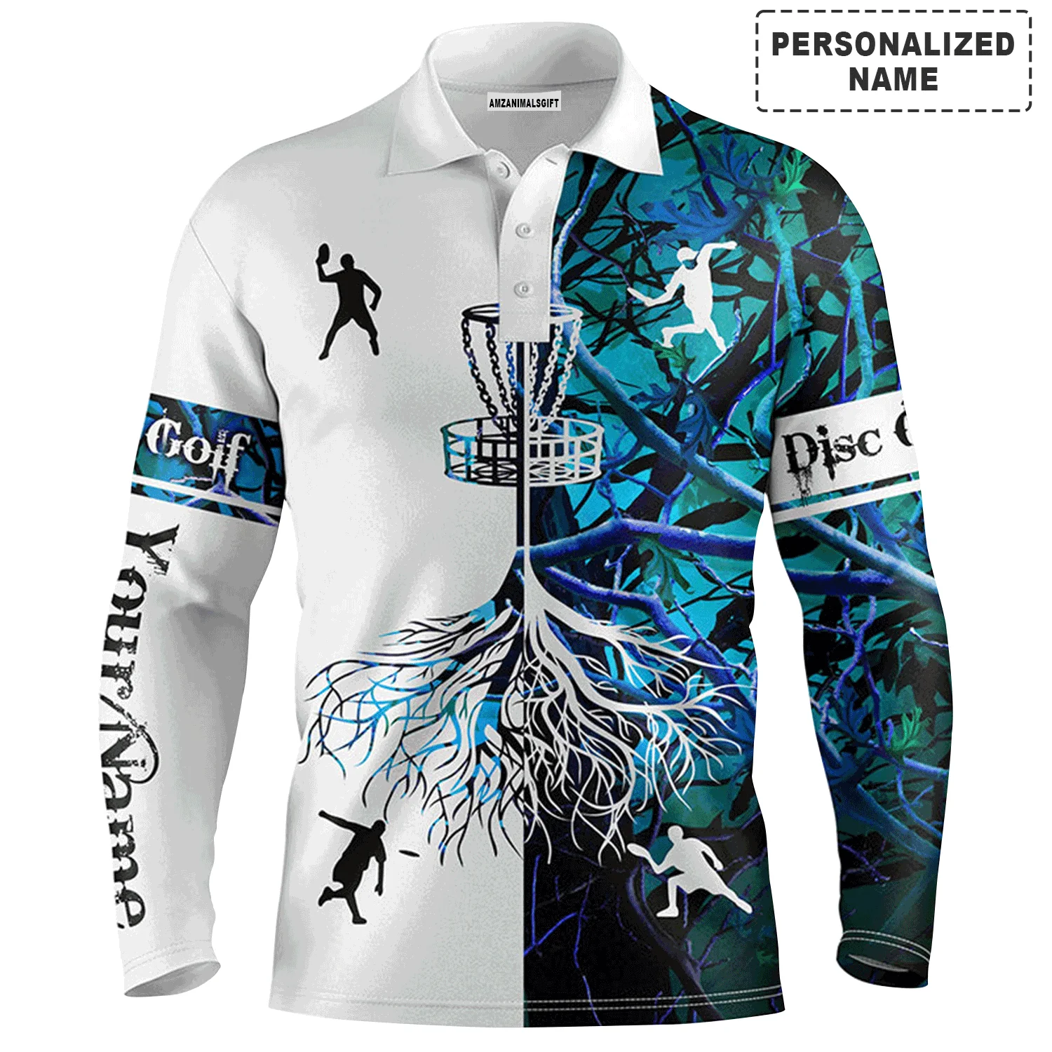 Custom Golf Long Sleeve Men Polo Shirt, Custom Name Blue Camo Disc Golf Team Basket Apparel - Perfect Gift For Men, Golf Lover - Image 2