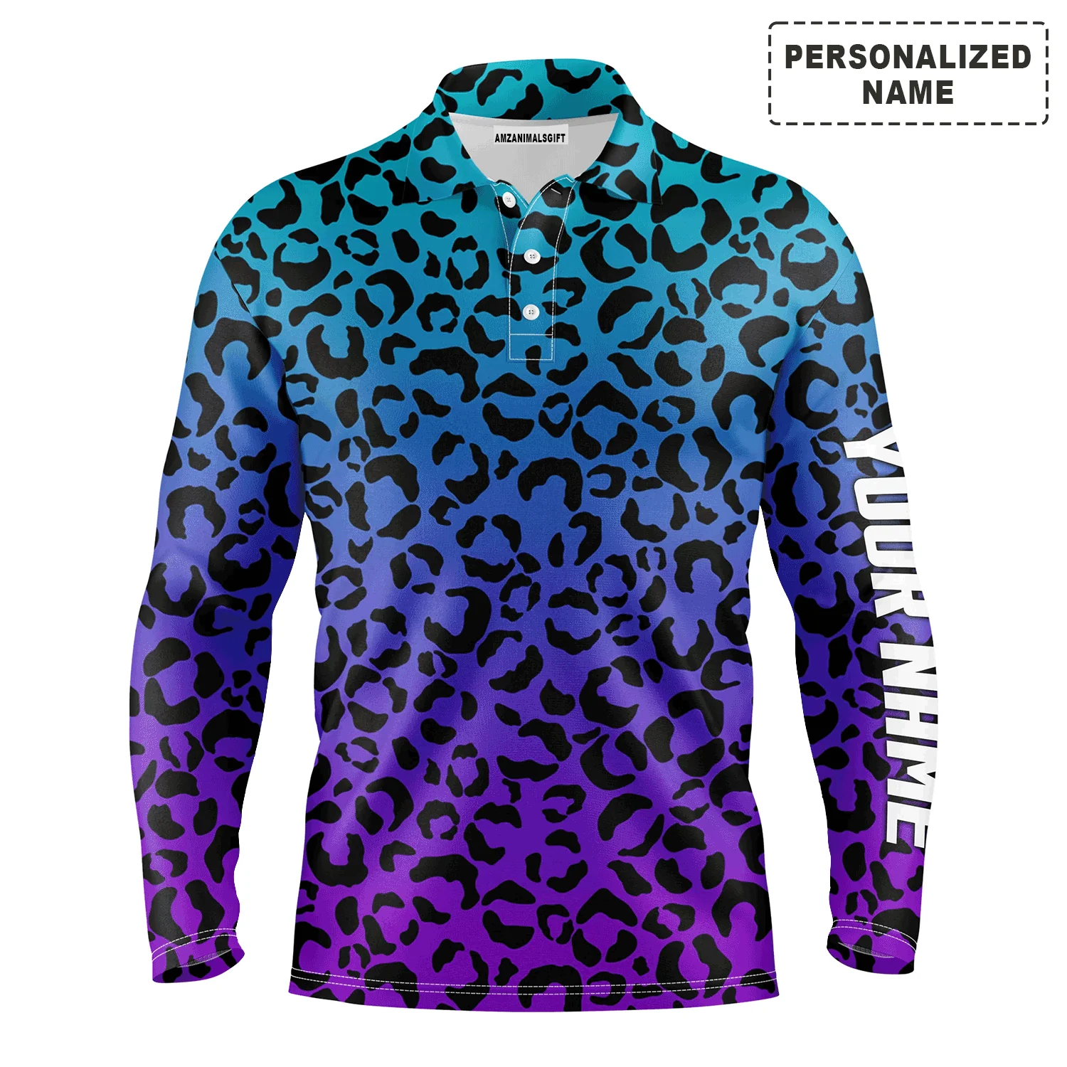 Custom Golf Long Sleeve Men Polo Shirt - Custom Name Blue Purple Neon Leopard Pattern Apparel Men Polo Shirt -  Gift For Men, Golf Lover - Image 2