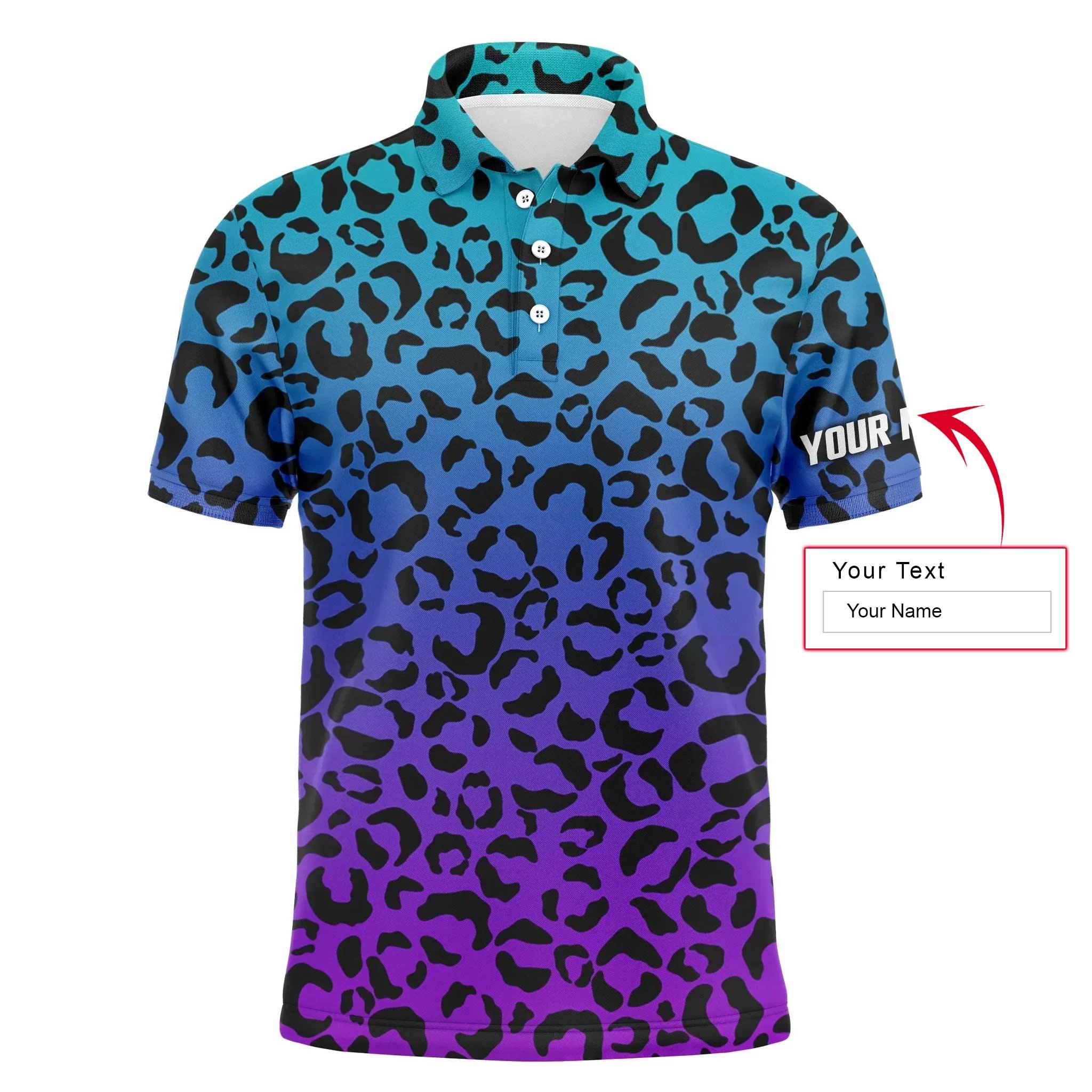 Custom Golf Long Sleeve Men Polo Shirt - Custom Name Blue Purple Neon Leopard Pattern Apparel Men Polo Shirt -  Gift For Men, Golf Lover - Image 3