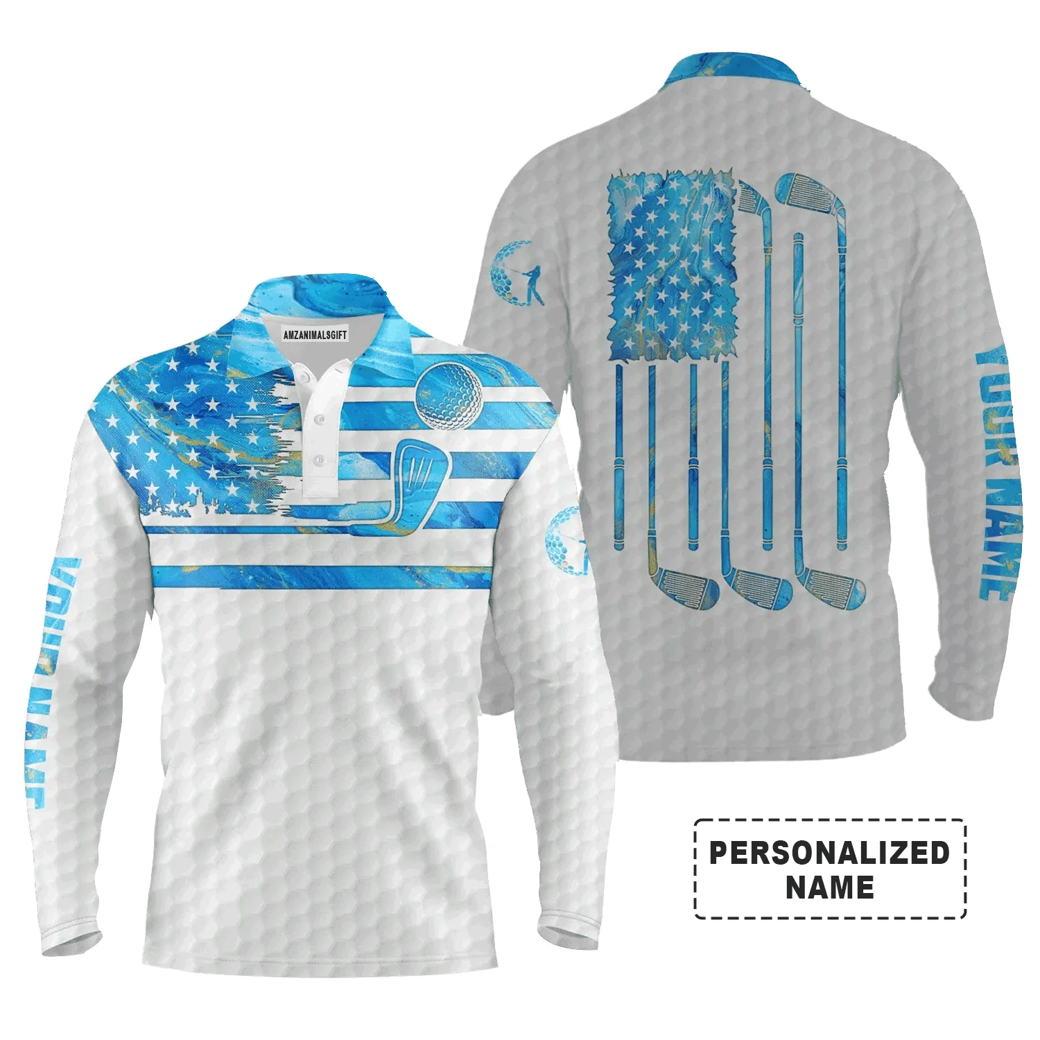 Custom Golf Short Sleeve Men Polo Shirt - Custom Name Blue Watercolor American Flag Apparel - Personalized Gift For Golf Lover, Team, Boyfriend, Men - Image 3