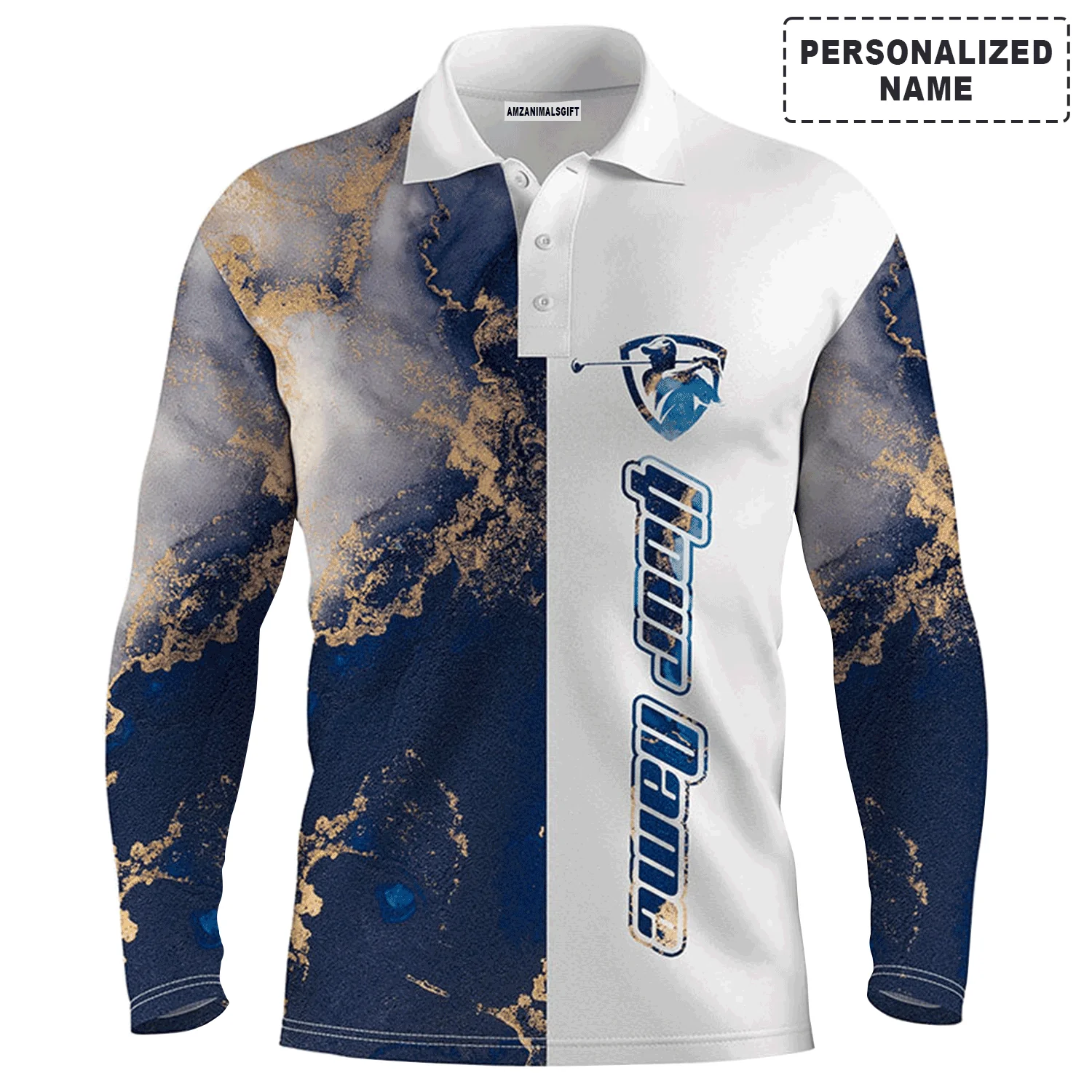 Custom Golf Long Sleeve Men Polo Shirt - Custom Name Blue White Pattern Apparel Men Polo Shirt - Personalized Gift For Men, Golf Lover - Image 2