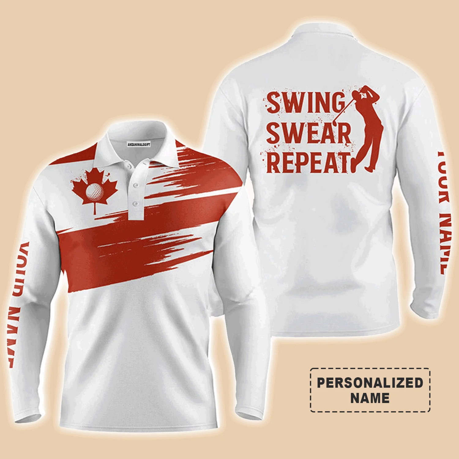 Custom Golf Long Sleeve Men Polo Shirt - Custom Name Canada Flag Apparel, Swing Swear Repeat Men Polo Shirt For Men,Golf Lover
