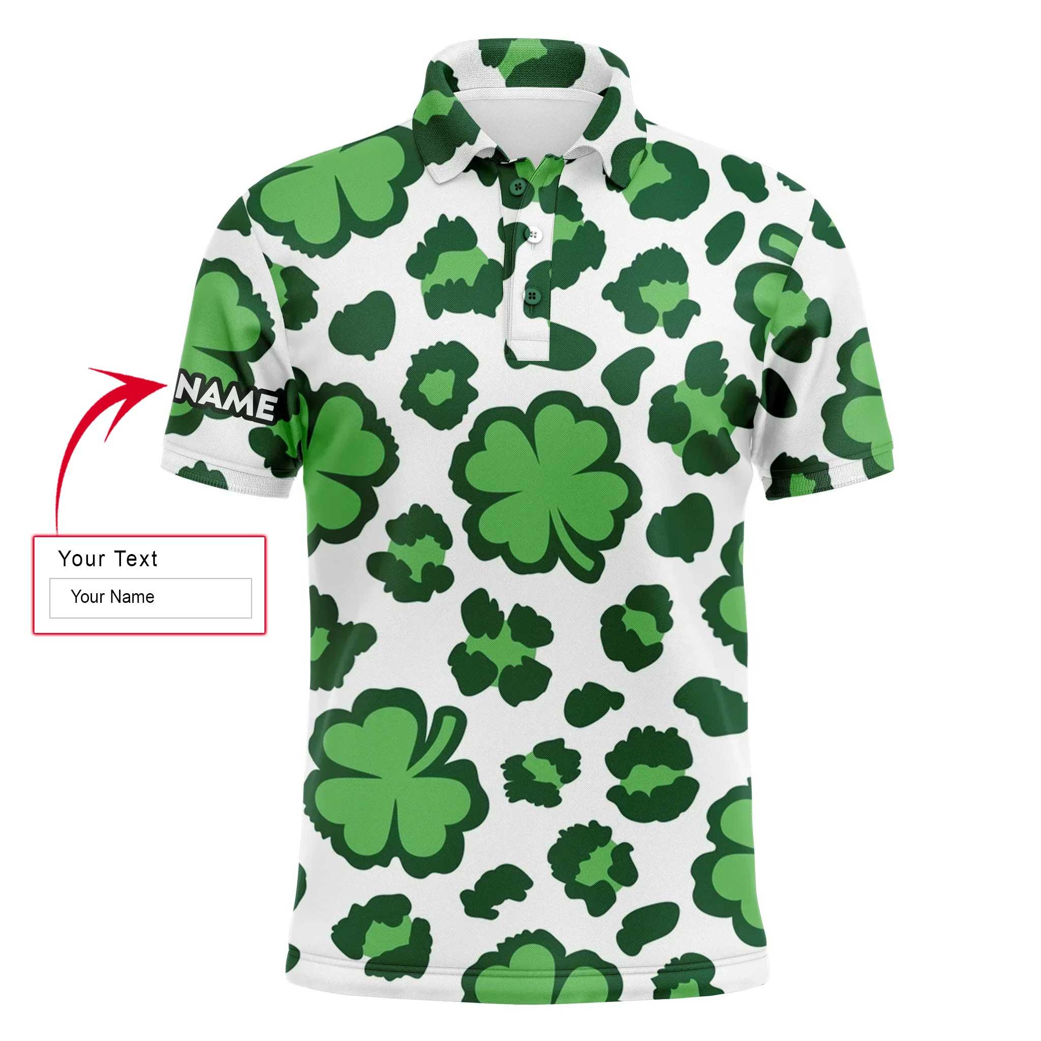 Custom Golf Long Sleeve Men Polo Shirt - Custom Name Clover And Leopard Pattern St. Patrick's Day Apparel For Golf Lover, Men - Image 3