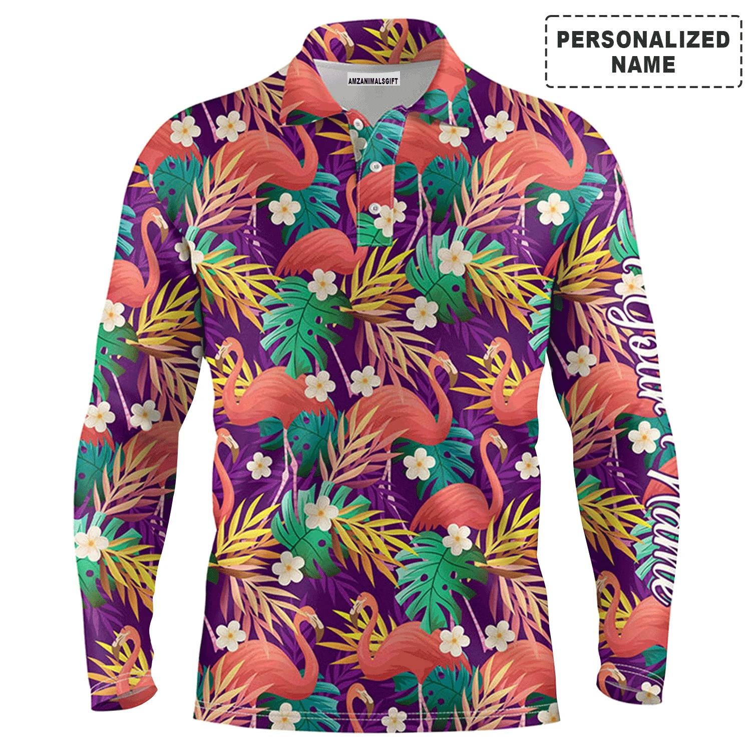 Custom Golf Long Sleeve Men Polo Shirt - Custom Name Colorful Flamingo Pattern Tropical Leaves Apparel - Personalized Gift For Men, Golf Lover - Image 2