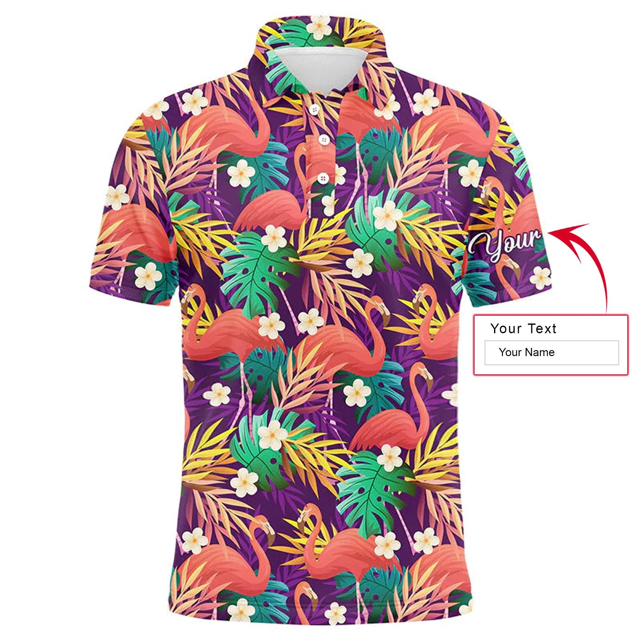 Custom Golf Long Sleeve Men Polo Shirt - Custom Name Colorful Flamingo Pattern Tropical Leaves Apparel - Personalized Gift For Men, Golf Lover - Image 3