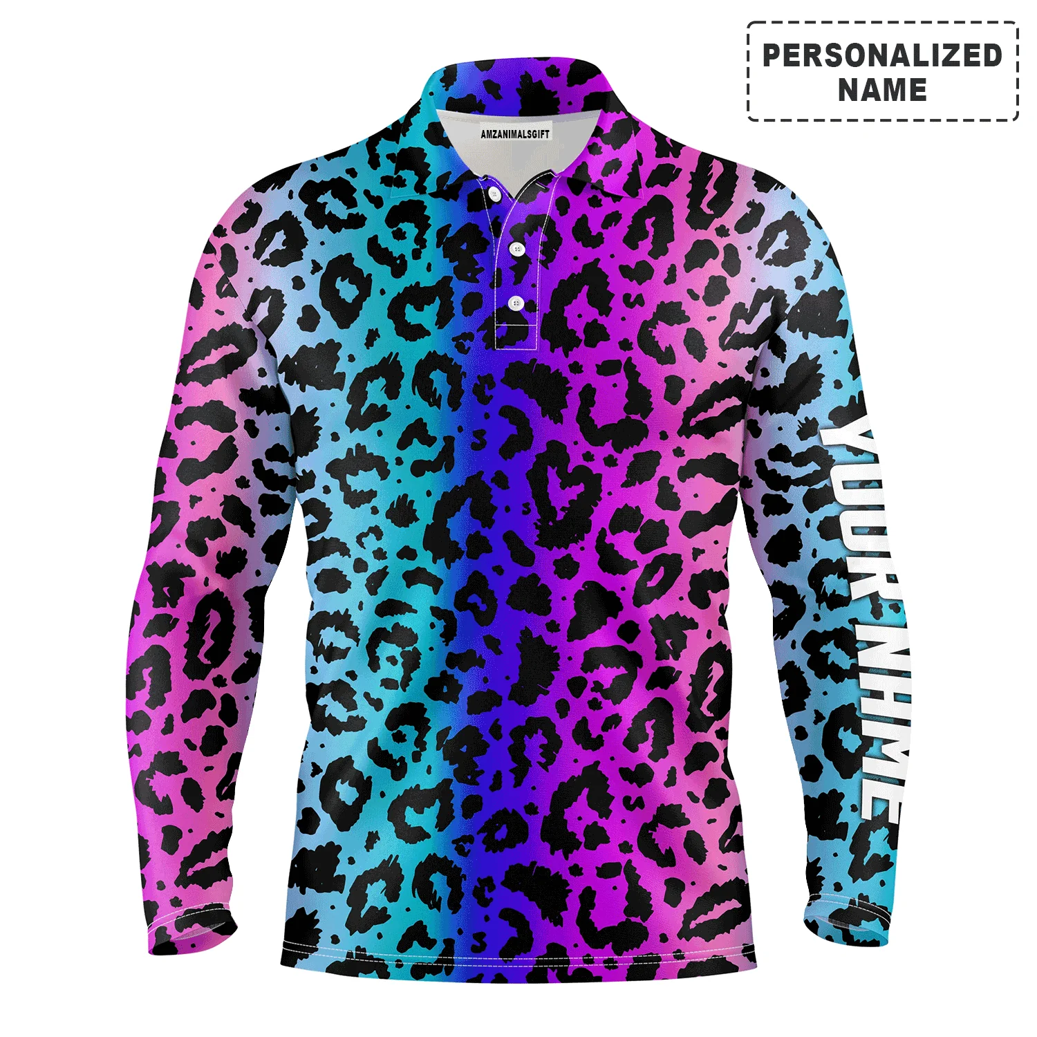 Custom Golf Long Sleeve Men Polo Shirt - Custom Name Colorful Neon Gradient Leopard Pattern Apparel - Personalized Gift For Men, Golf Lover - Image 2