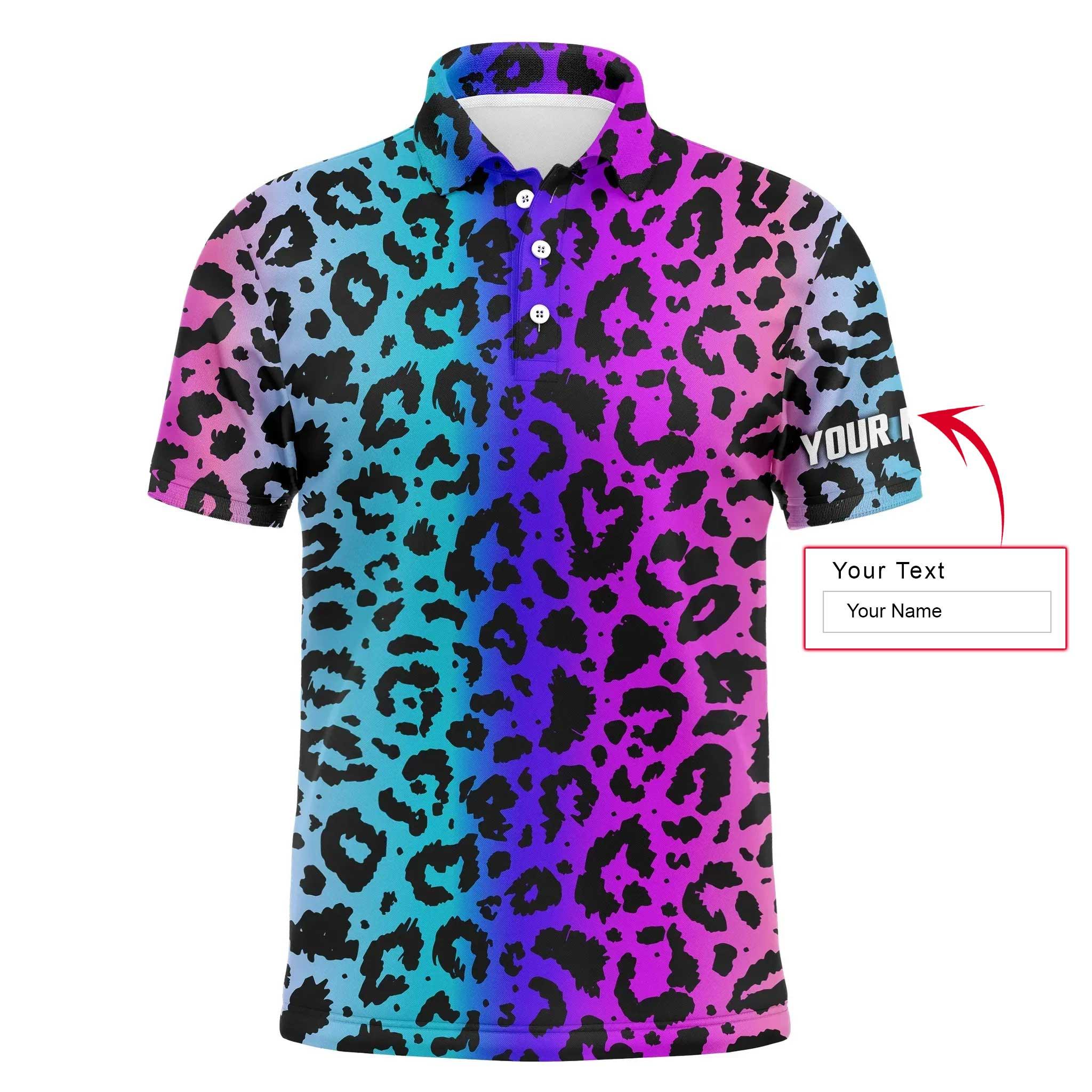 Custom Golf Long Sleeve Men Polo Shirt - Custom Name Colorful Neon Gradient Leopard Pattern Apparel - Personalized Gift For Men, Golf Lover - Image 3