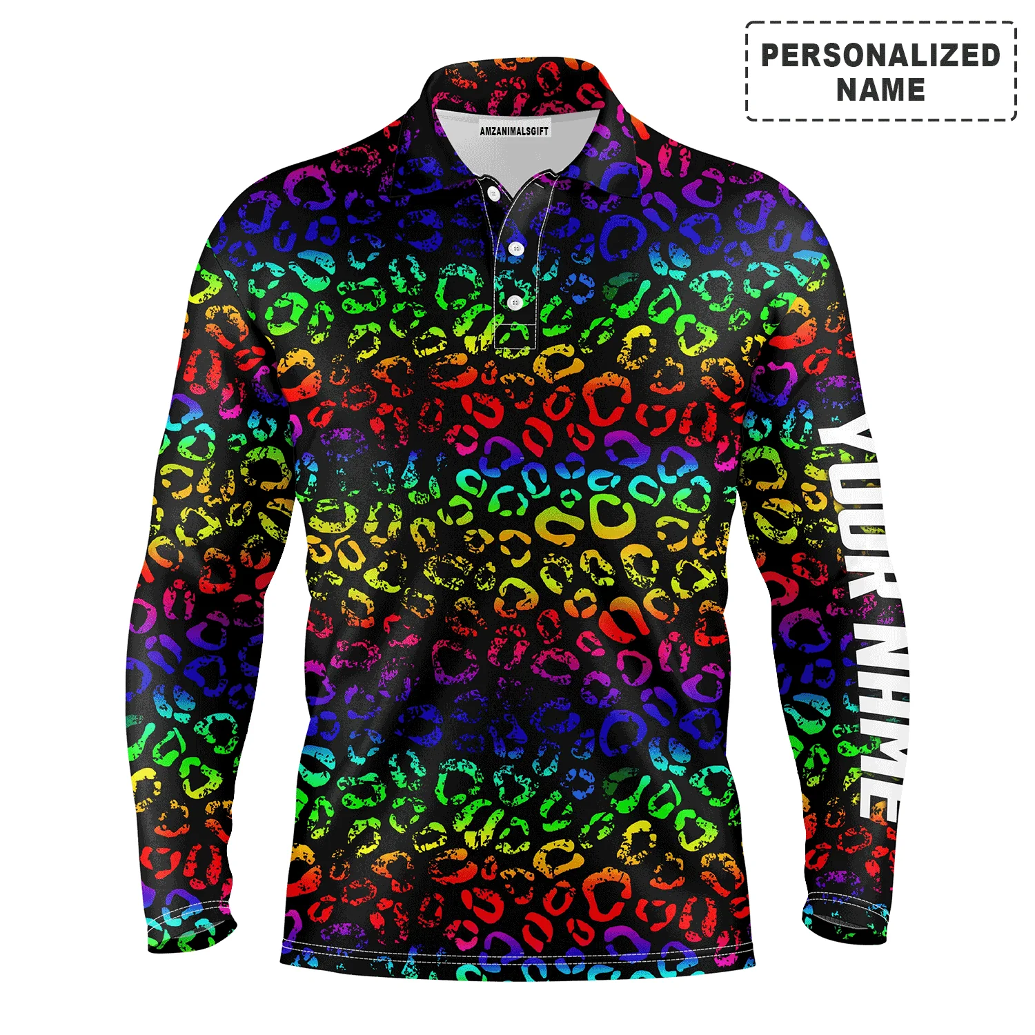 Custom Golf Long Sleeve Men Polo Shirt - Custom Name Colorful Neon Rainbow Leopard Pattern Apparel - Personalized Gift For Men, Golf Lover - Image 2