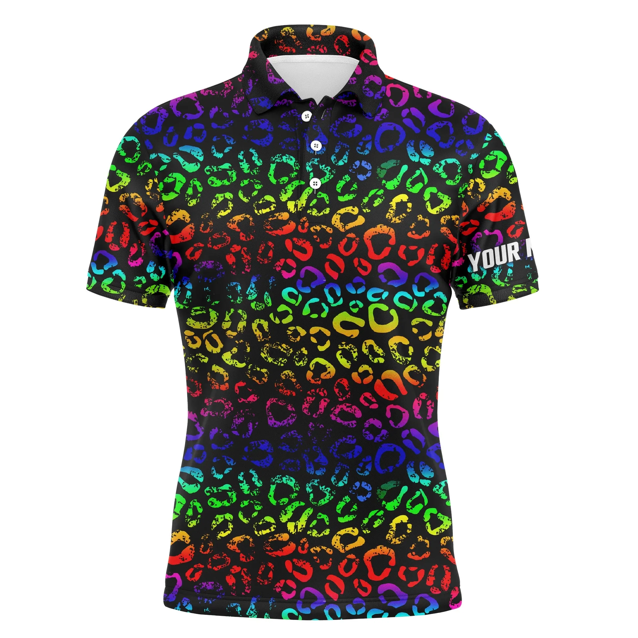 Custom Golf Long Sleeve Men Polo Shirt - Custom Name Colorful Neon Rainbow Leopard Pattern Apparel - Personalized Gift For Men, Golf Lover - Image 3