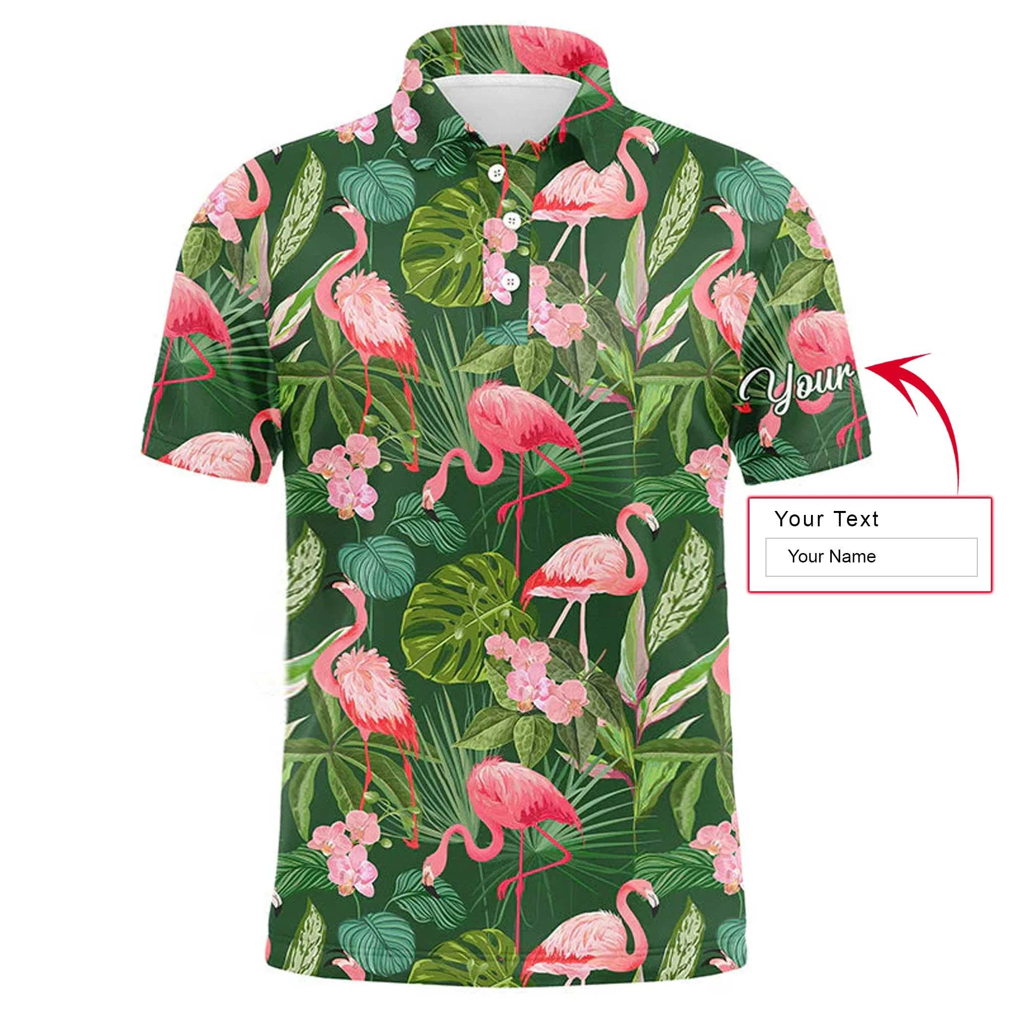 Custom Golf Long Sleeve Men Polo Shirt - Custom Name Flamingo Green Tropical Palm Leaves Pattern Apparel - Personalized Gift For Men, Golf Lover - Image 3